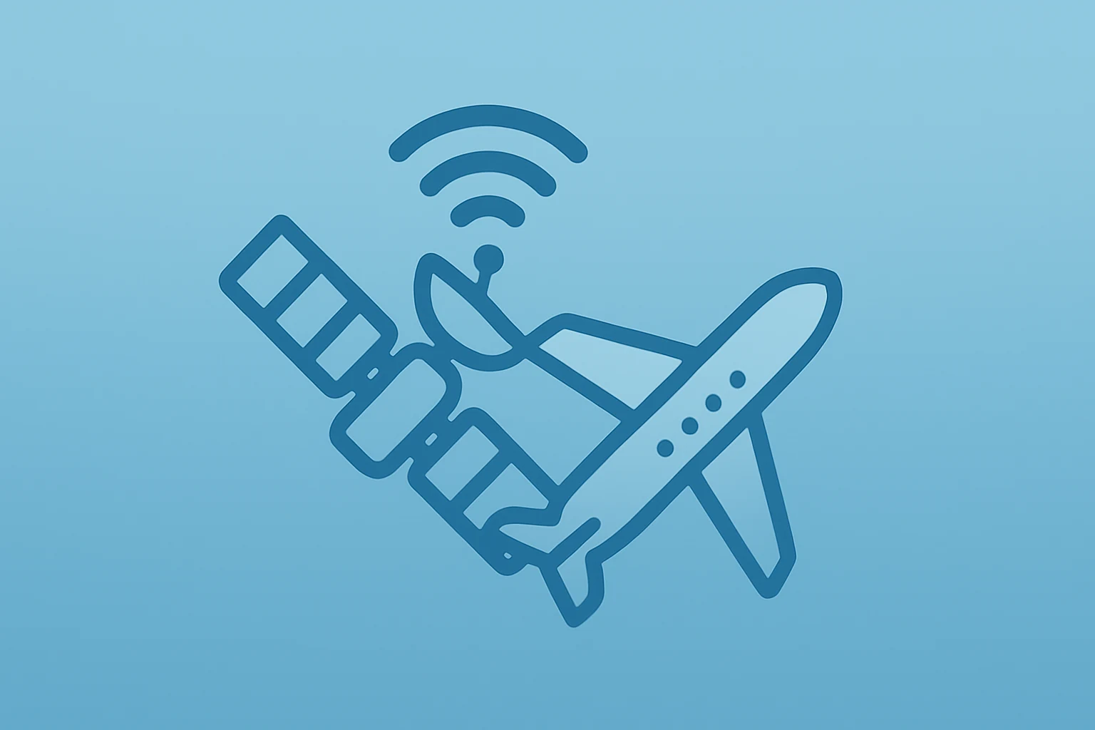 Flat-vector satellite merging with aircraft phased-array antenna representing Amazon Delta in-flight Wi-Fi competition