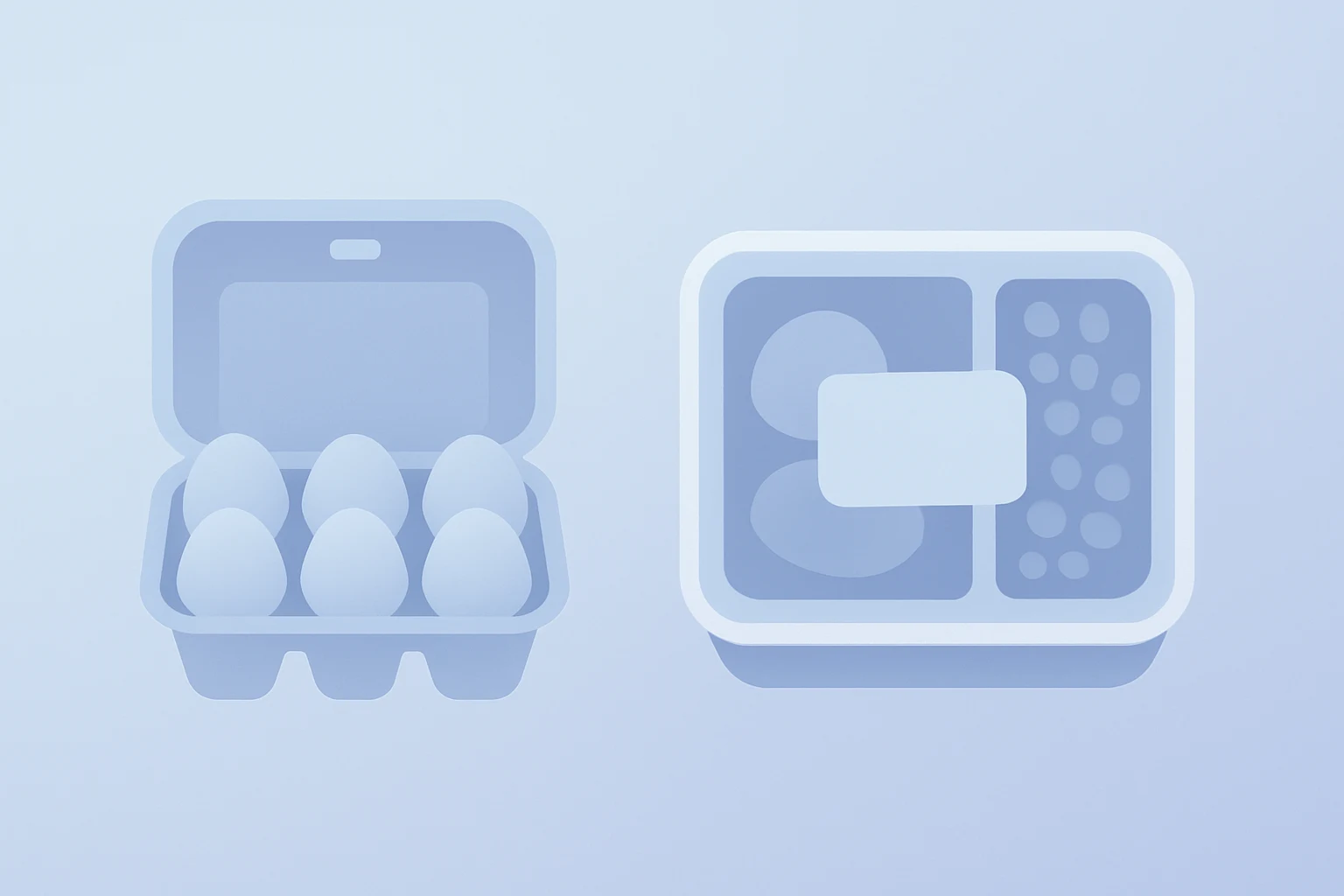 Flat vector of an egg crate morphing into a meal pack to symbolize the Cal-Maine Q3 results mix shift toward specialty items