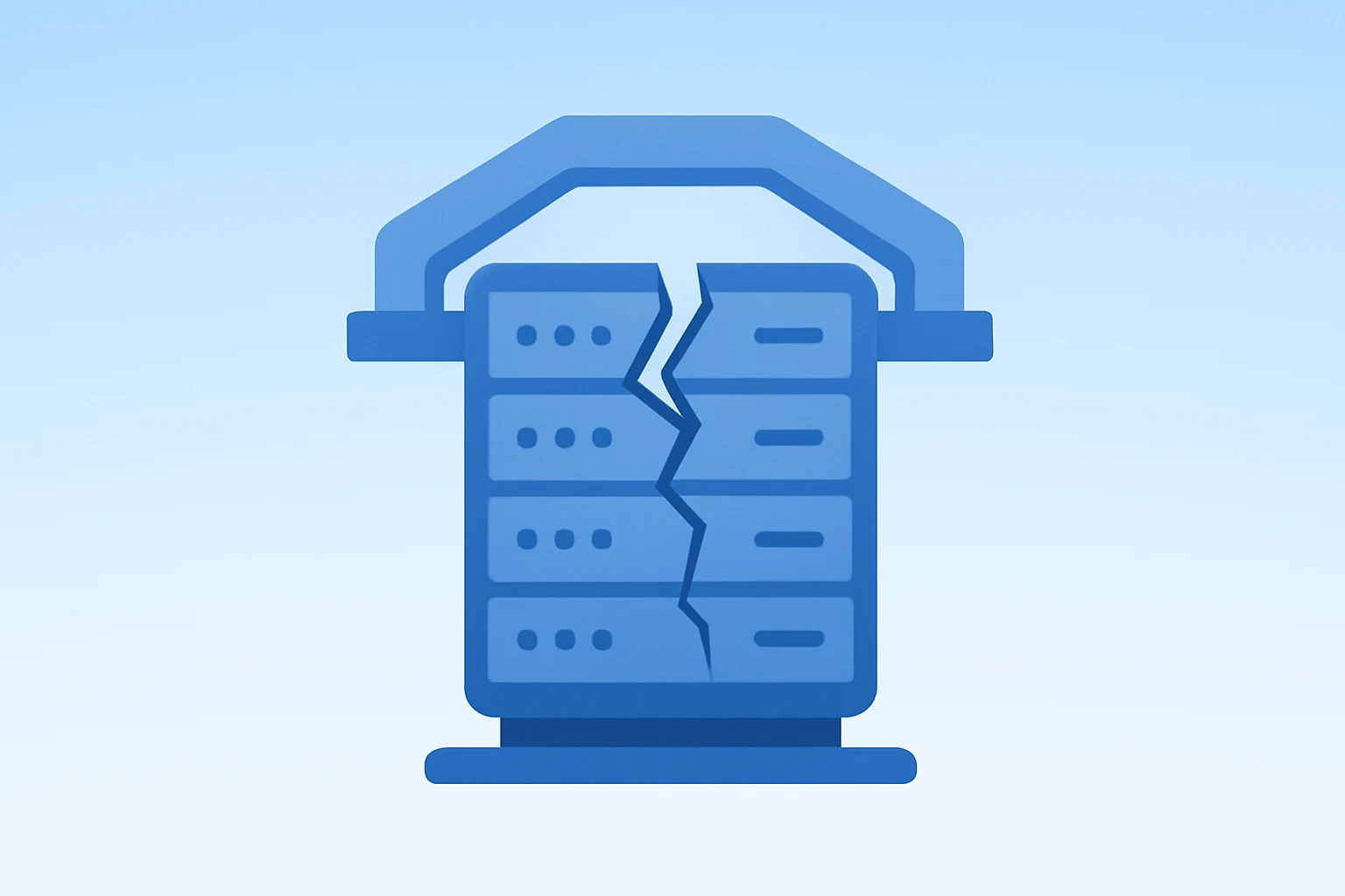 Flat filled vector of a fractured server rack representing CoreWeave stock financing strain and sponsor bridge backstop.