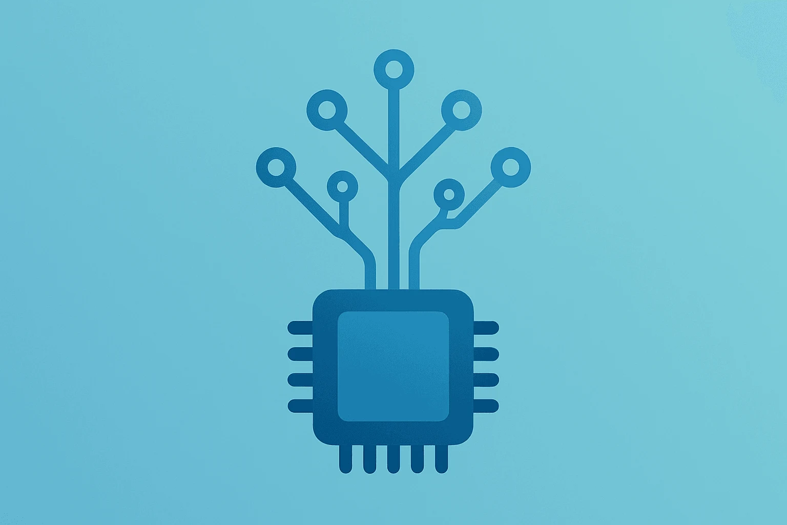 Centered flat vector of a chip sprouting circuits symbolizing Synopsys earnings and AI-driven demand on a light gradient.