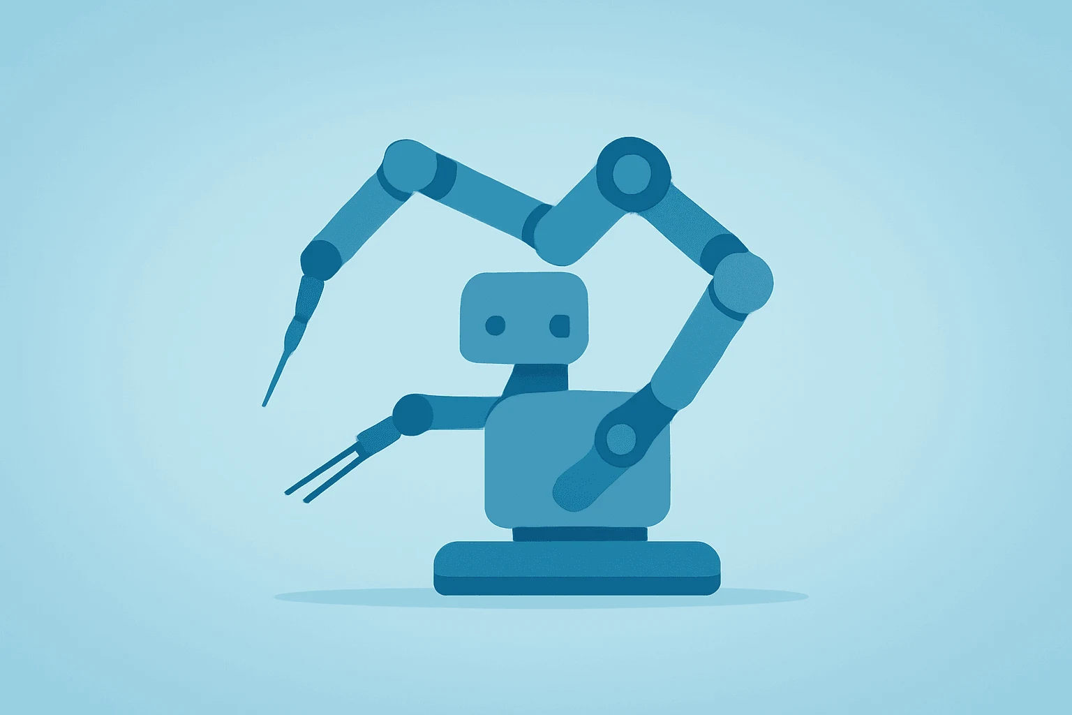 Flat filled vector of a surgical robot advancing, evoking Intuitive Surgical Q1 2026 earnings momentum and margin caution.