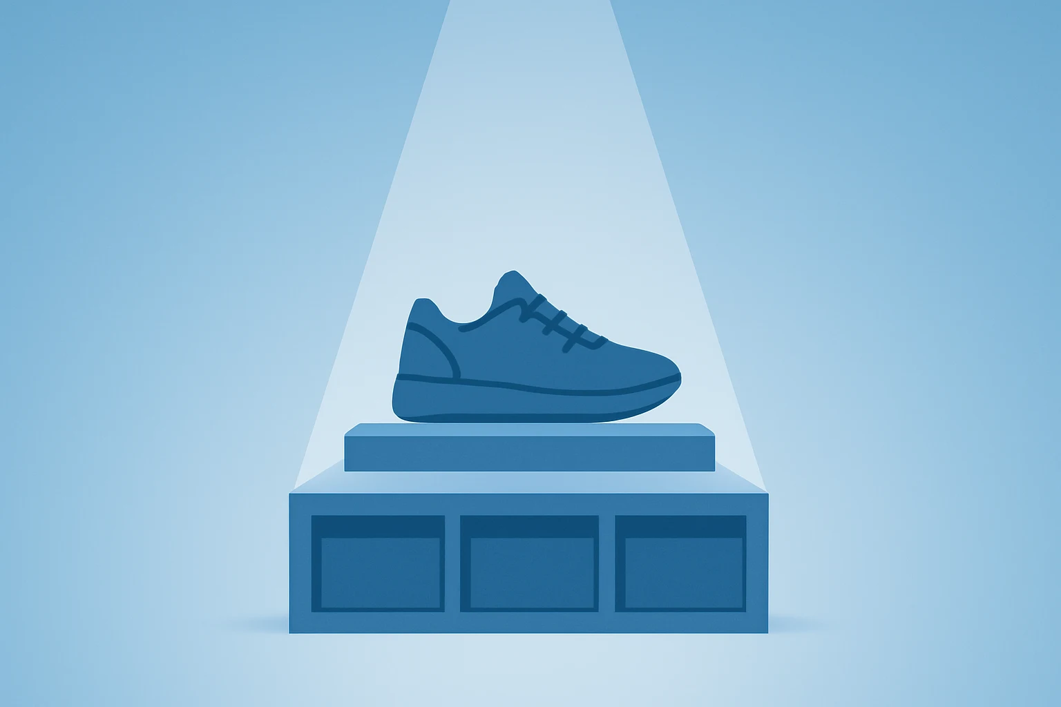 Flat vector of a retail shoe display under a widening spotlight evoking Designer Brands earnings and margin guidance.