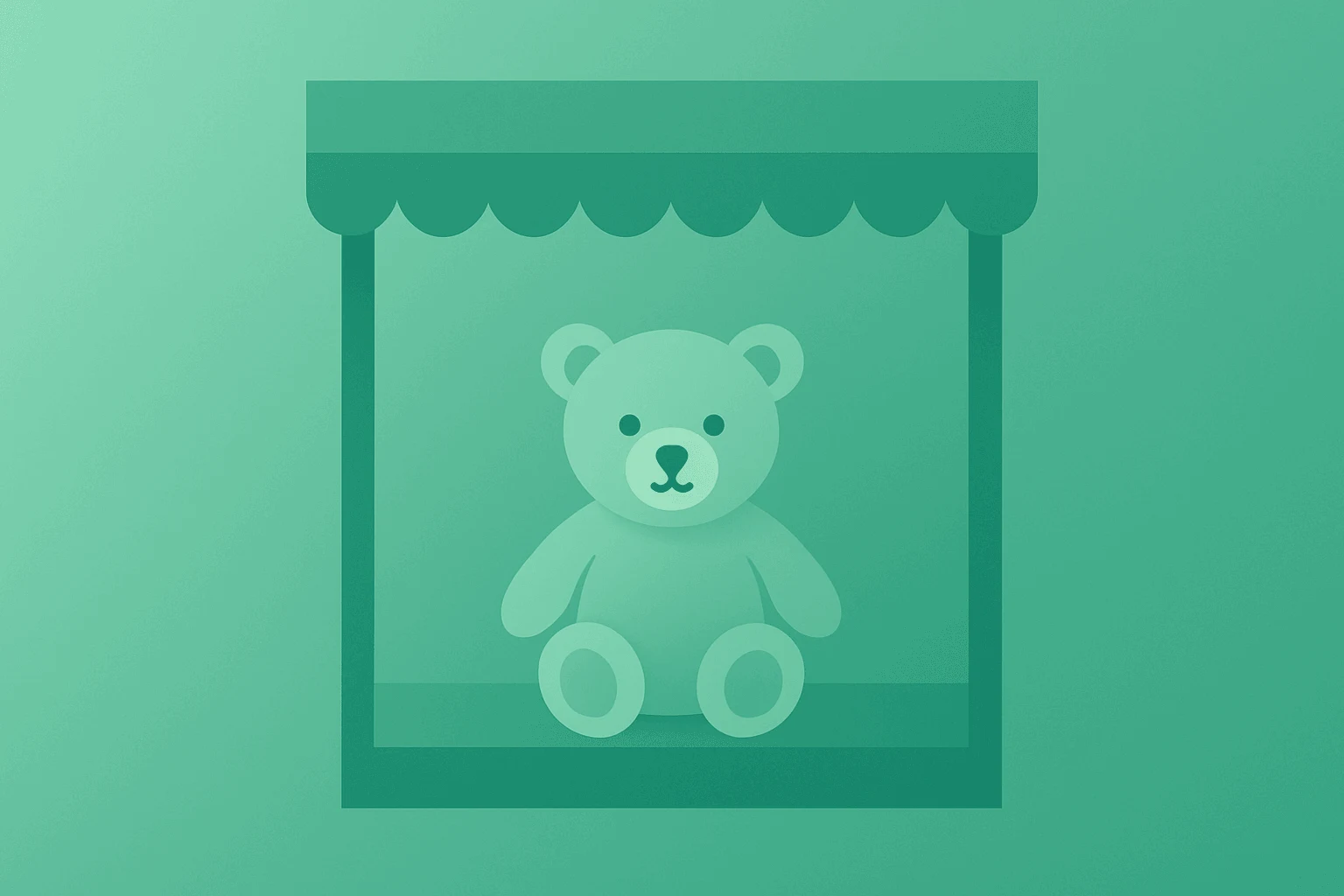Flat filled vector of a lone stuffed bear before a dim storefront, symbolizing Build-A-Bear cuts outlook and guidance cut.