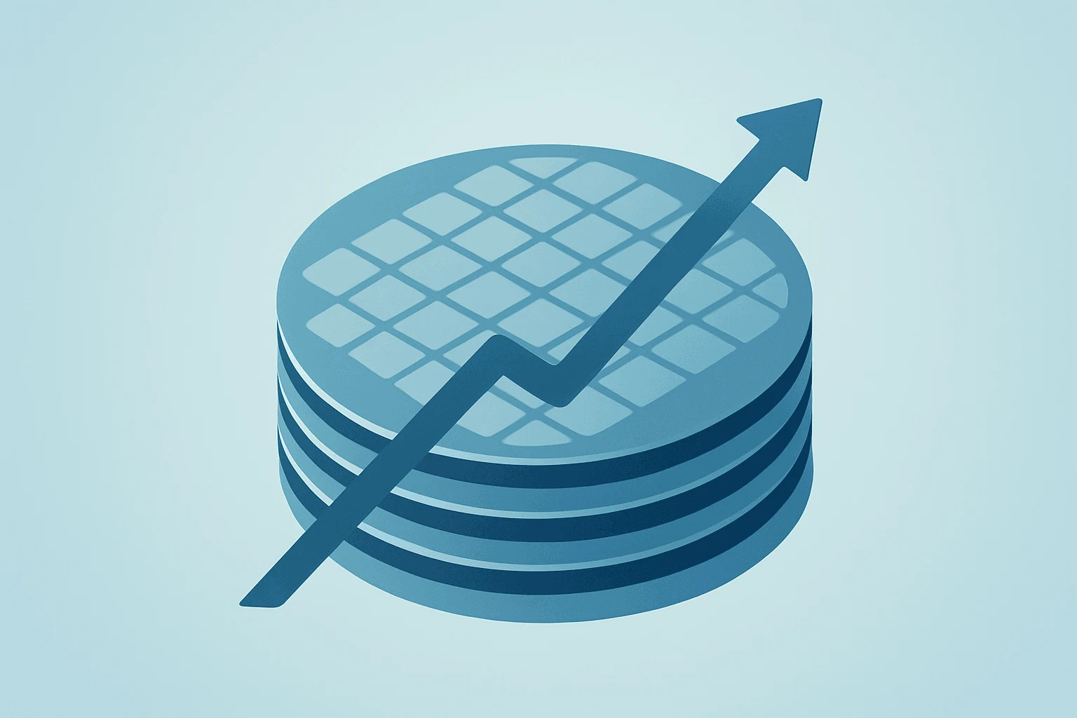 Flat filled vector of a stacked silicon wafer with layered compute cores to symbolize AMD earnings and data-center AI surge.