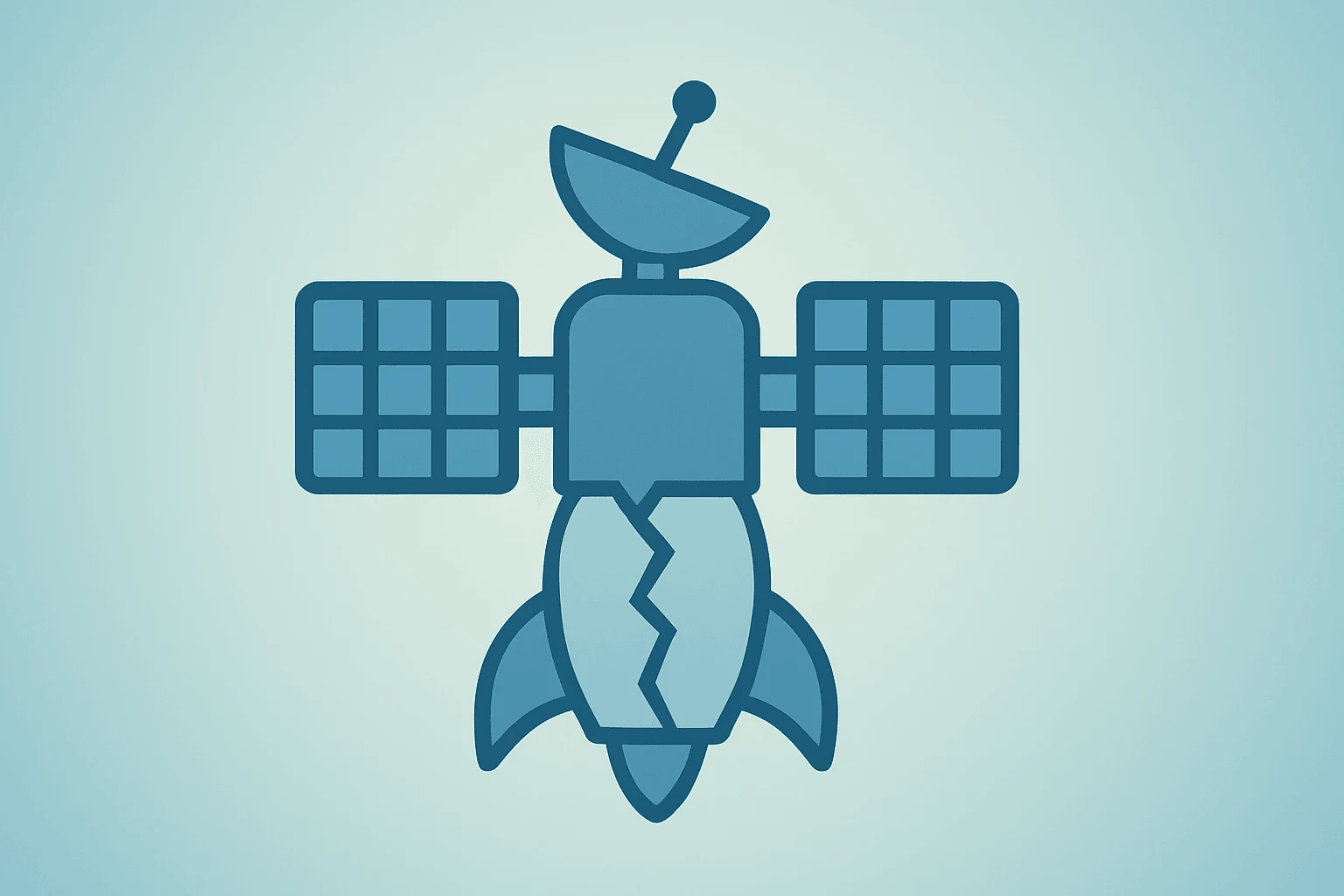 Flat filled vector of satellite array merged with cracked rocket shell signaling launch-test risk and SPCX stock sentiment.