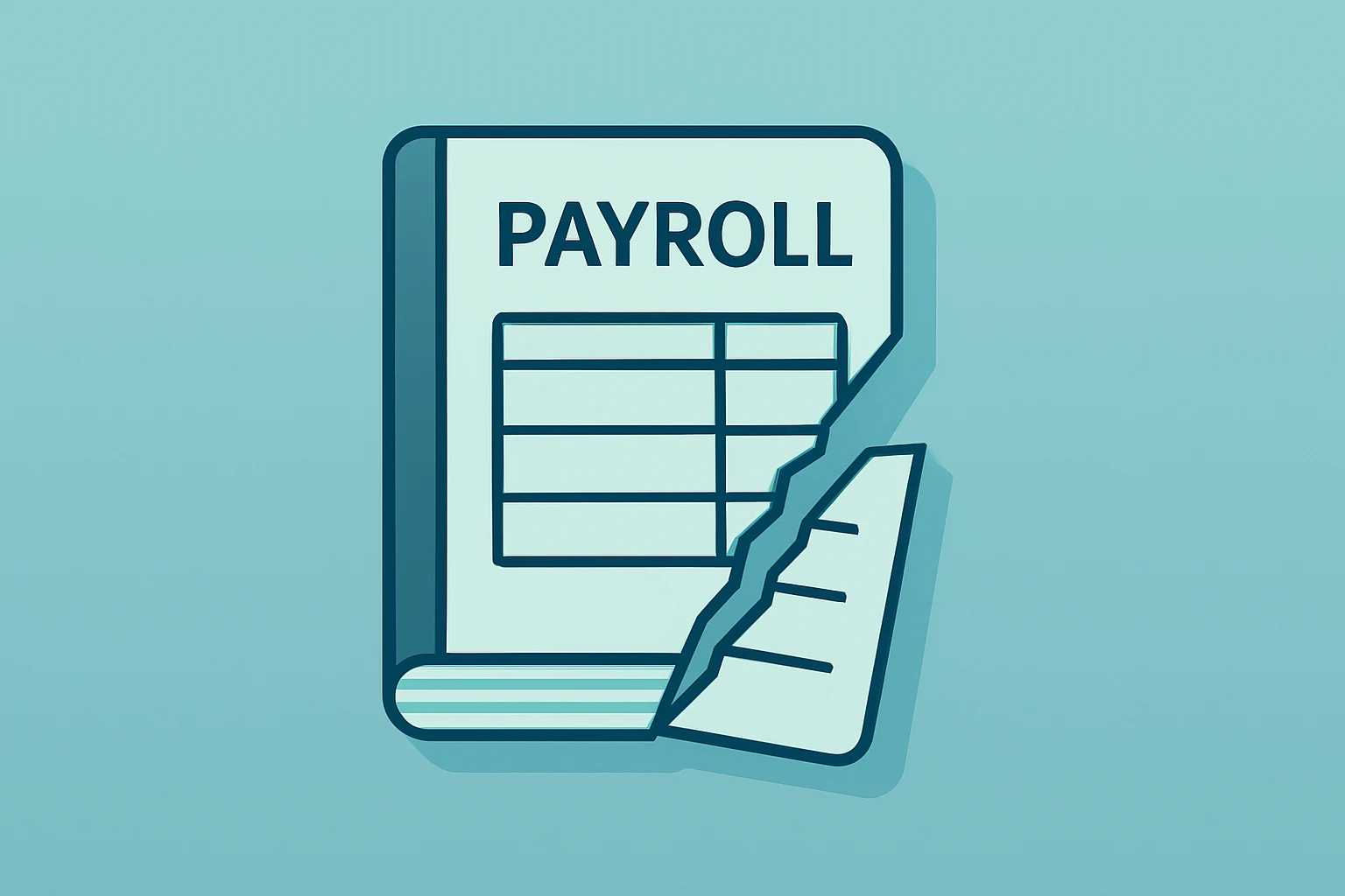 Flat filled vector of a broken payroll ledger and torn report page, symbolizing the November 2025 jobs report delay.