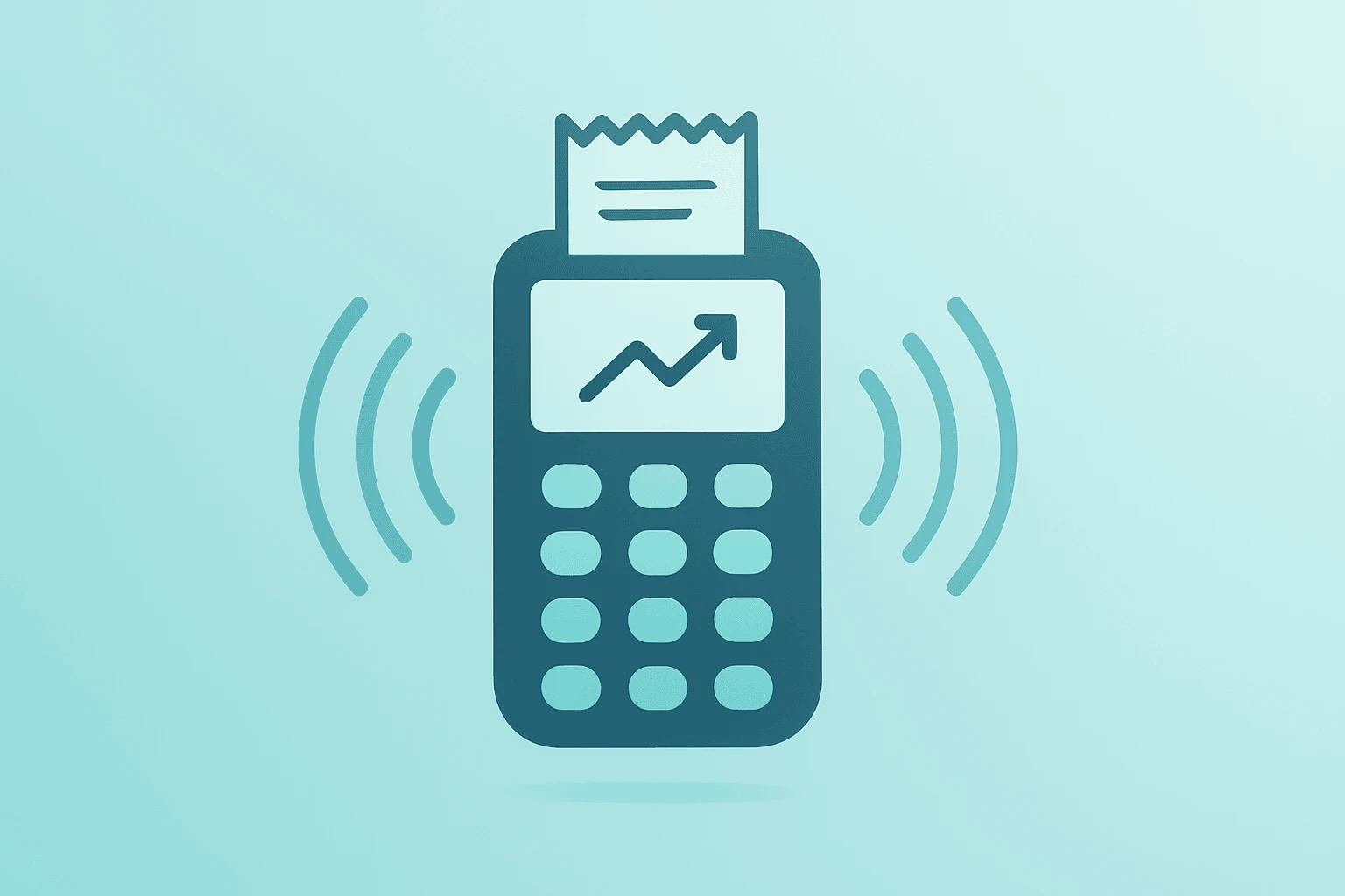 Flat vector of a point-of-sale terminal radiating efficiency pulses to symbolize Agilysys earnings and AI efficiencies.