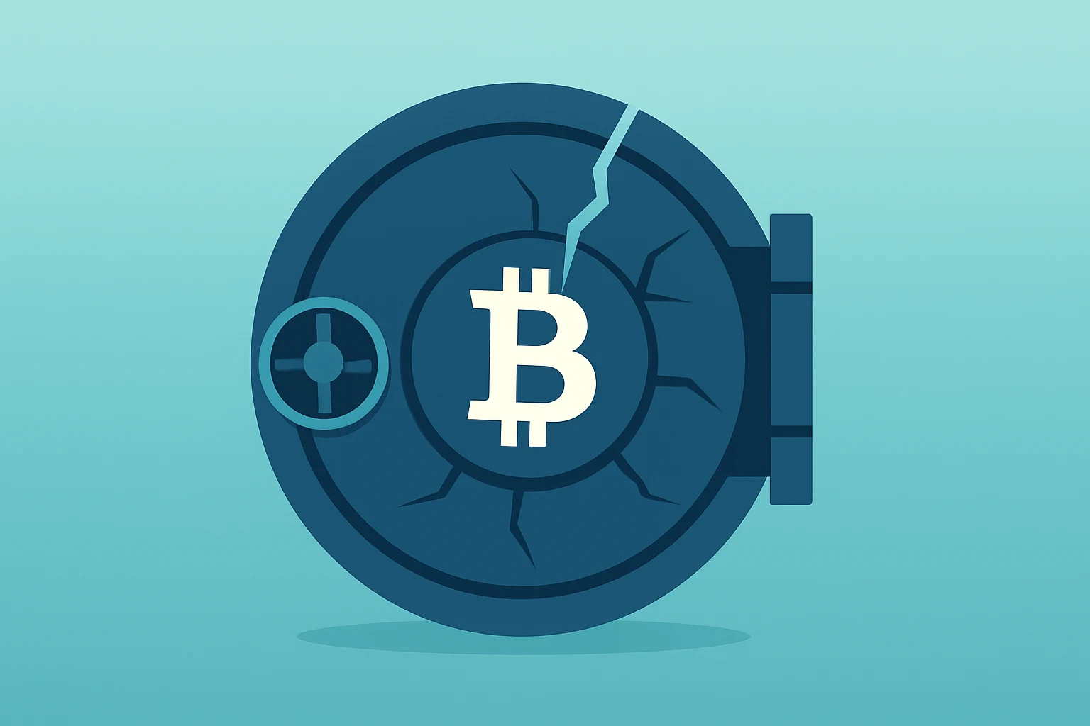 Flat vector cover showing a bitcoin vault fracturing to illustrate Strategy earnings stress test and balance-sheet risk.