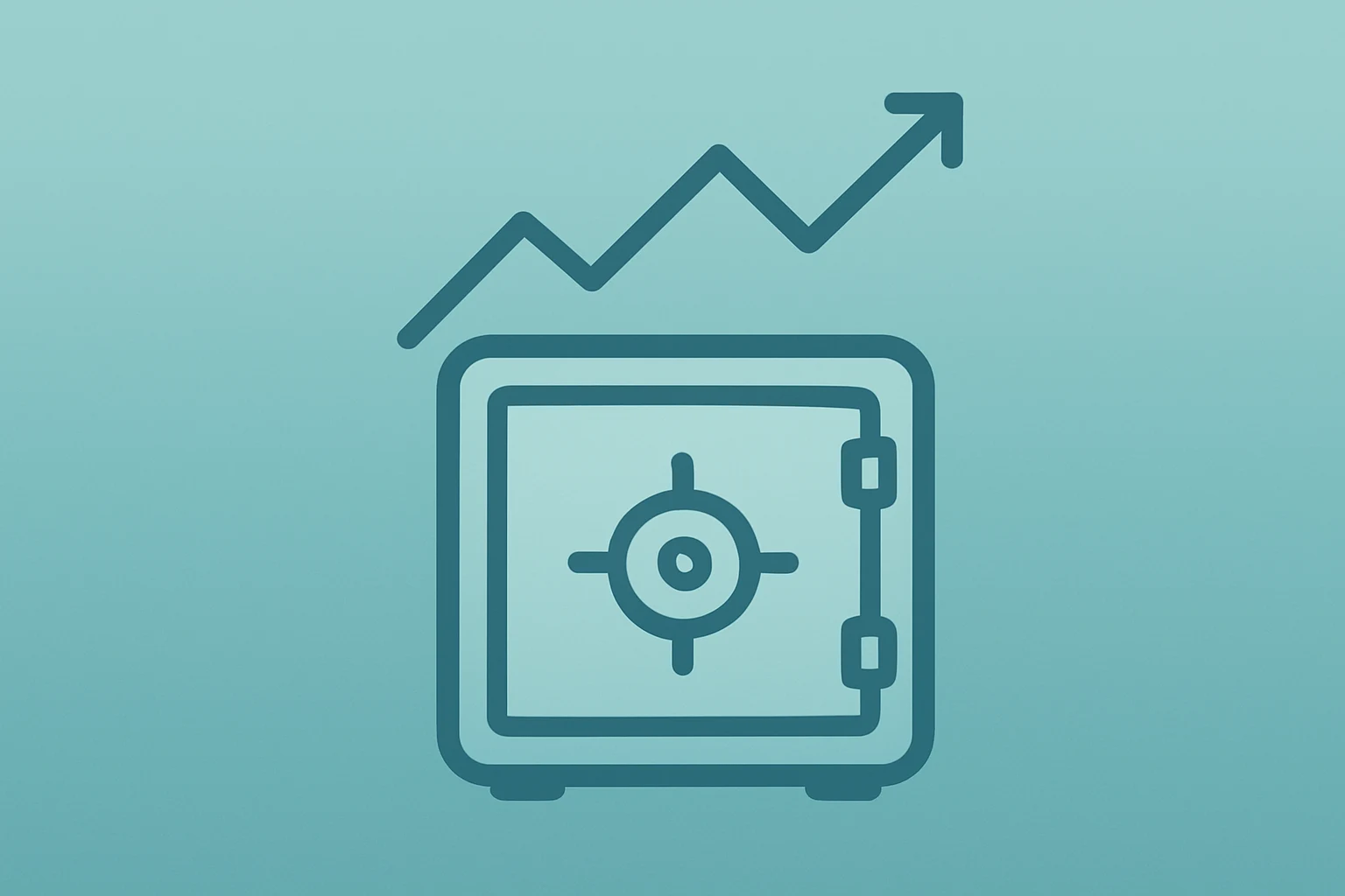 Flat filled vector of a vault-style savings vessel subdued by a muted market pulse representing Wealthfront IPO debut.
