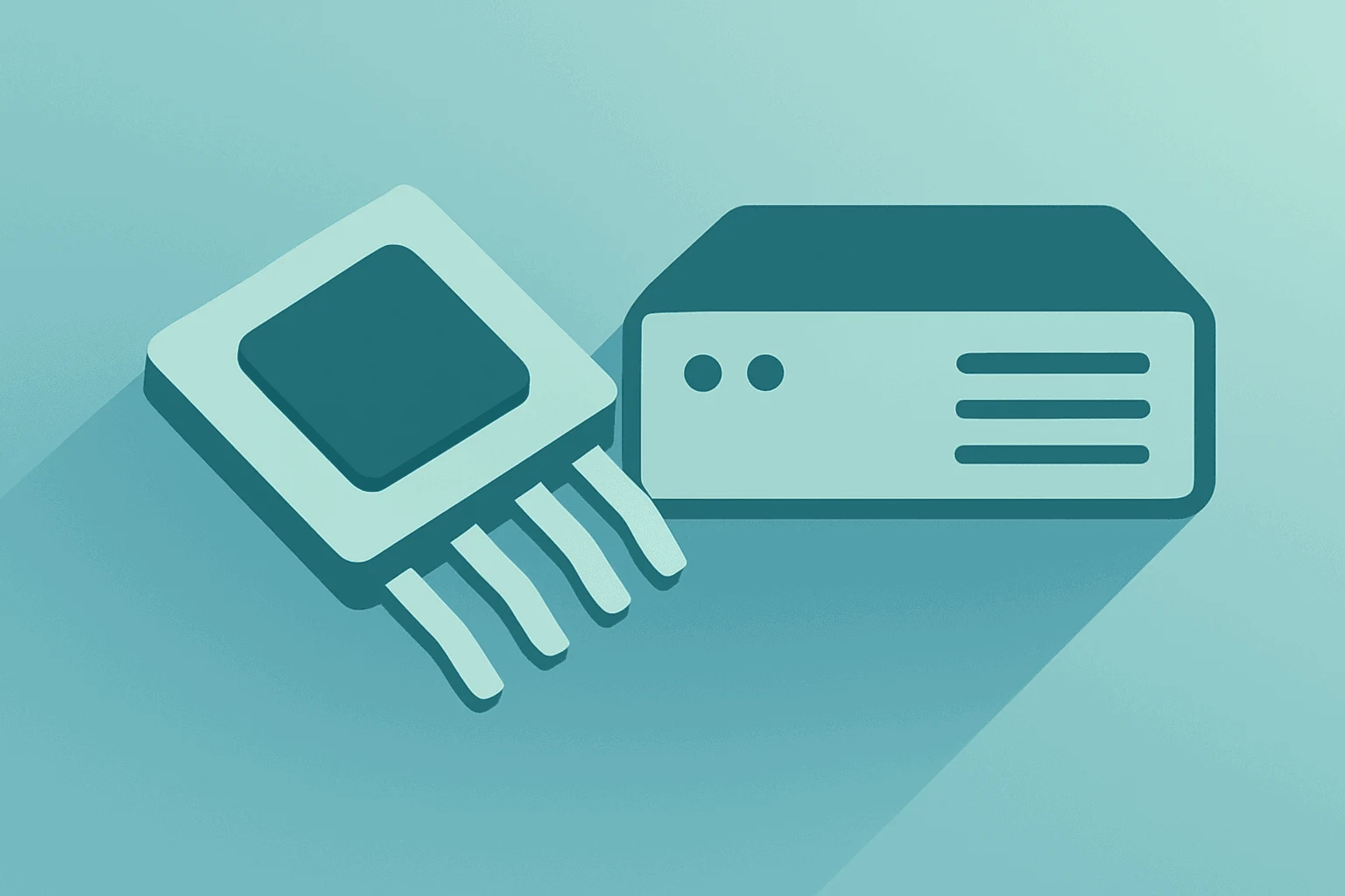 Flat vector of a power semiconductor chip fused with a server to symbolize Navitas Q2 2026 results and earnout GAAP loss.
