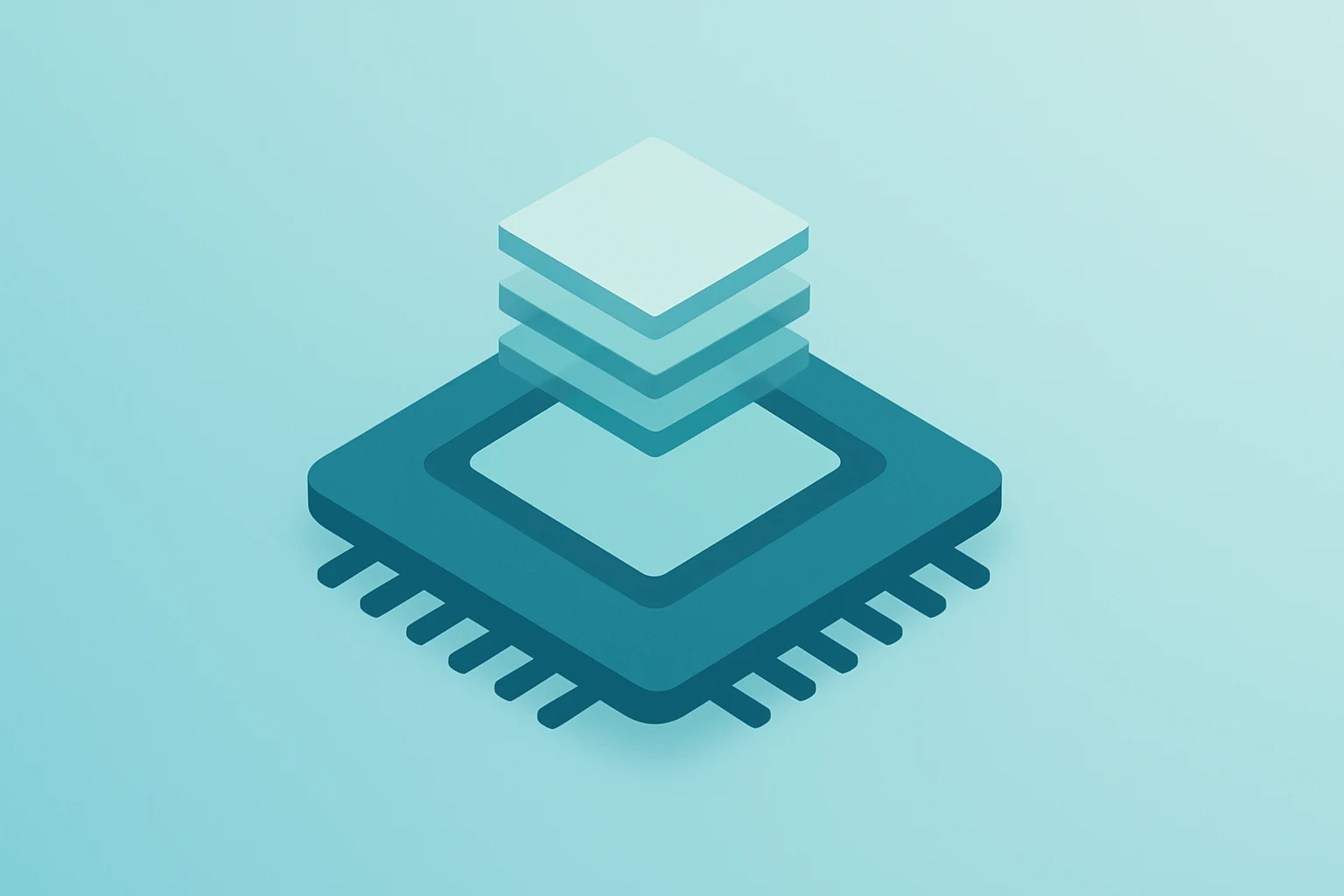 Flat filled vector of a server chip merging with stacked memory modules to illustrate Micron earnings pivot.