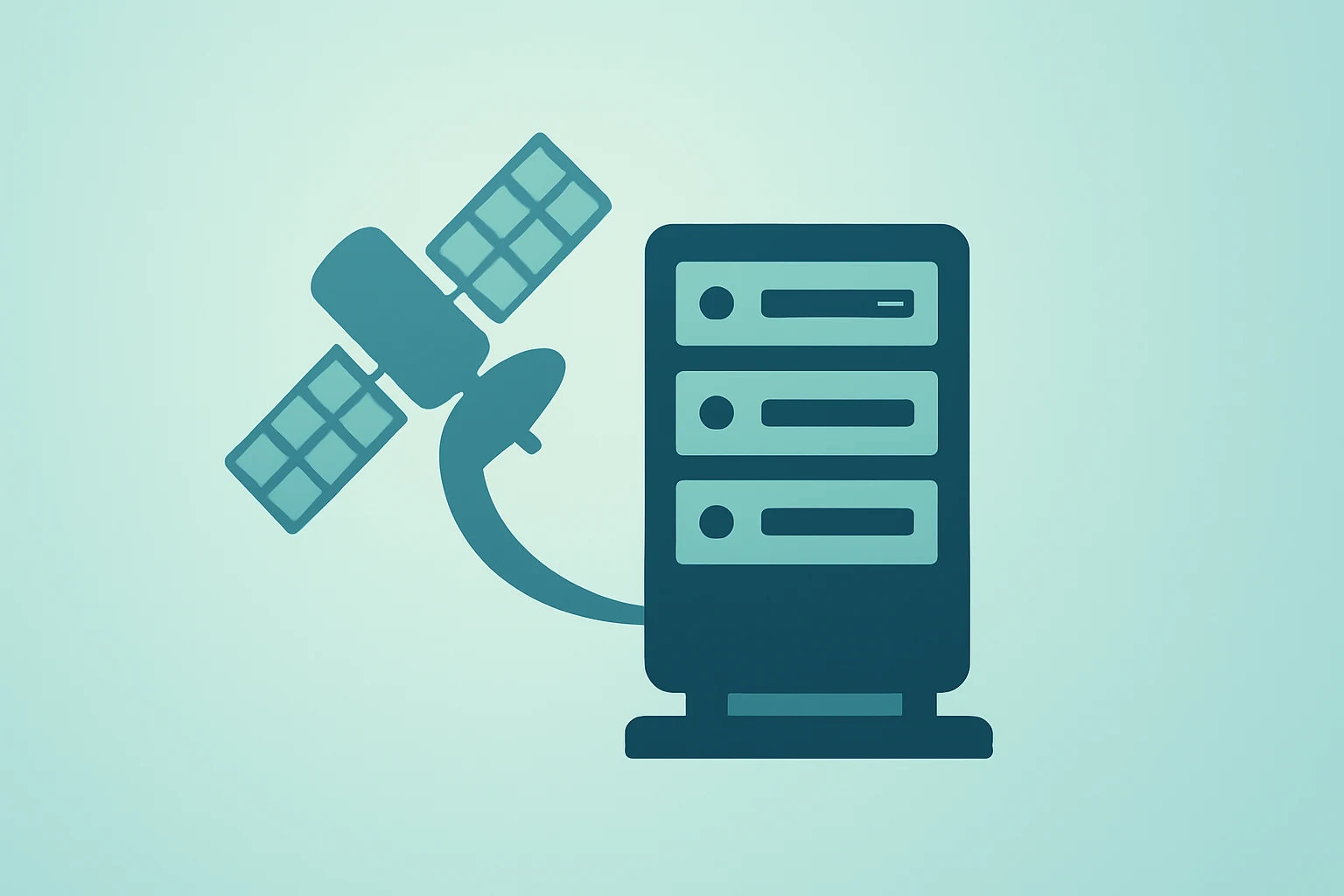 Flat vector of a satellite-mounted server fusing with a ground data-center rack to symbolize the SpaceX xAI merger and IPO timing.