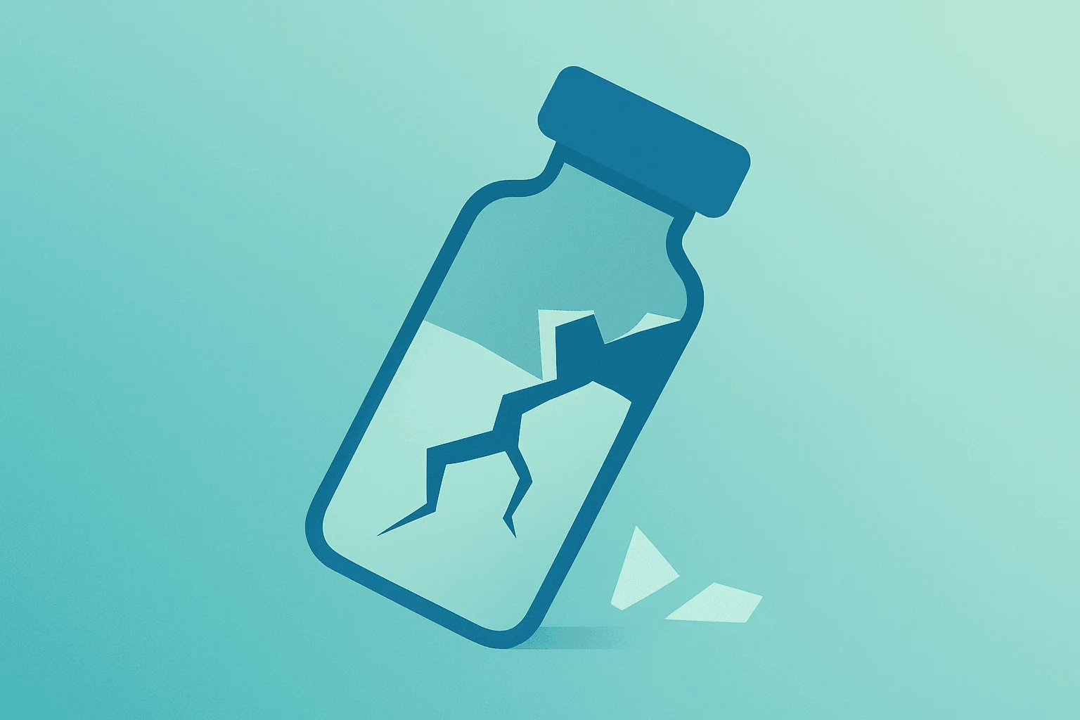 Flat filled vector of a medical vial with fractured shell symbolizing Johnson & Johnson Q2 earnings guidance lift and doubt.