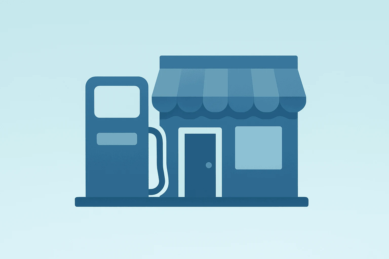 Flat vector of a gasoline pump merging with a retail storefront, representing U.S. retail sales March 2026 gas-driven spike.