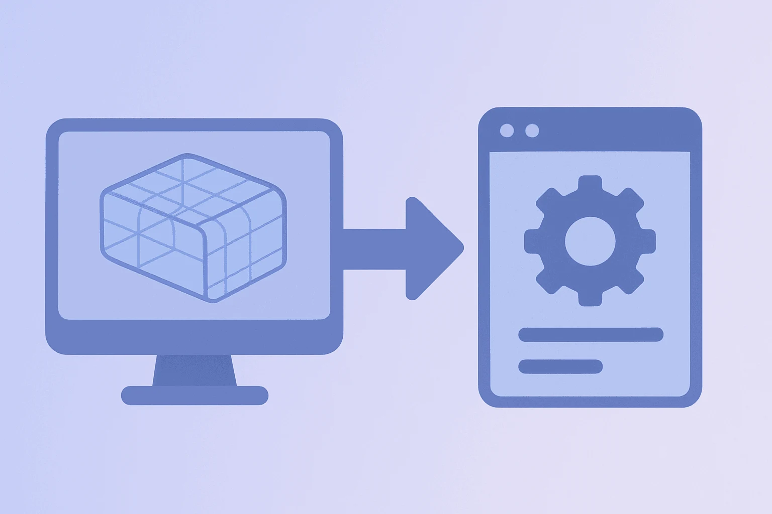 Flat vector of a CAD module linking to a maintenance module symbolizing Autodesk Q1 earnings and MaintainX acquisition
