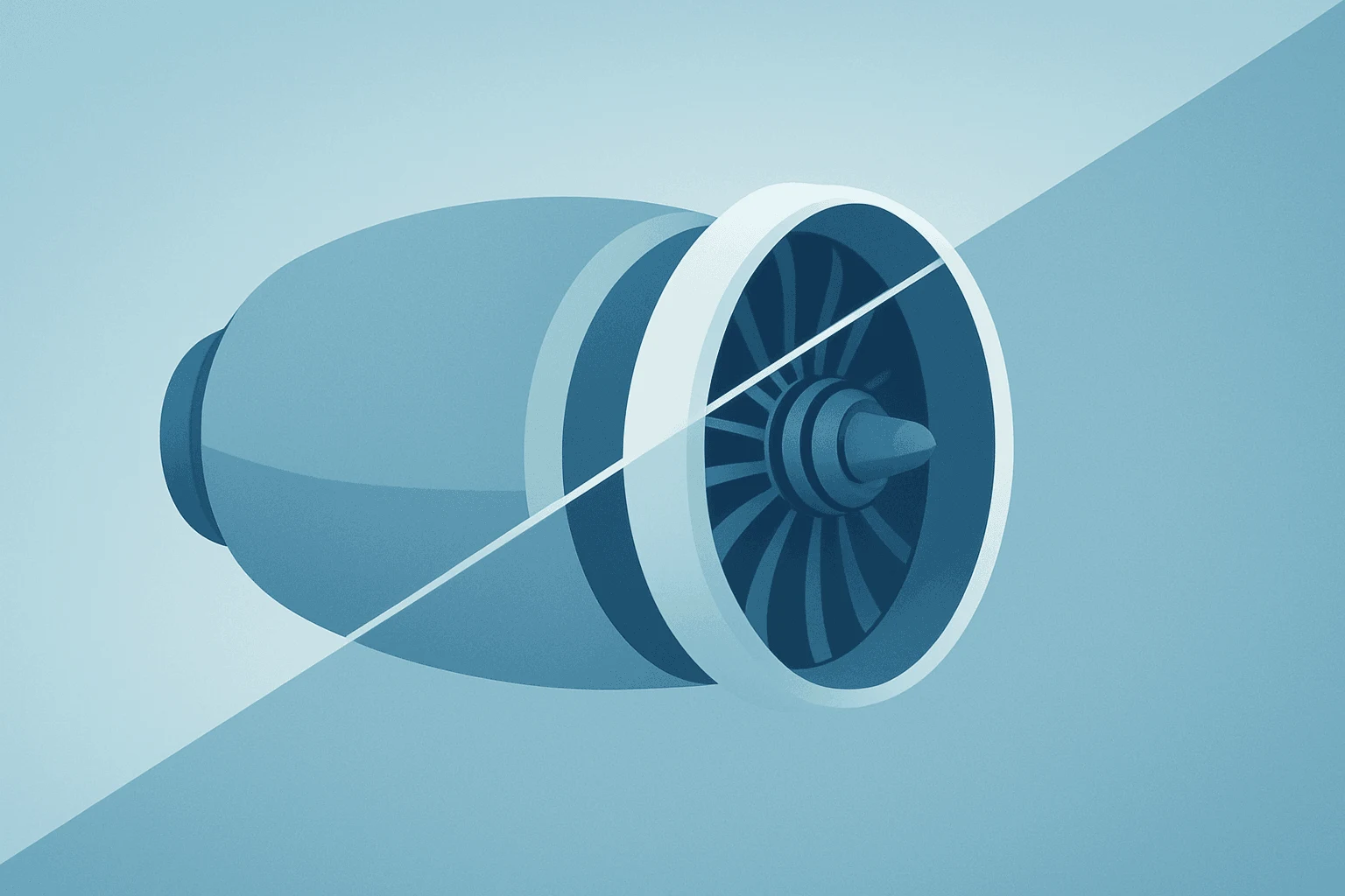 Flat vector of an aerospace engine with split casing symbolizing Honeywell Q1 results, separation charges, and spin-off.
