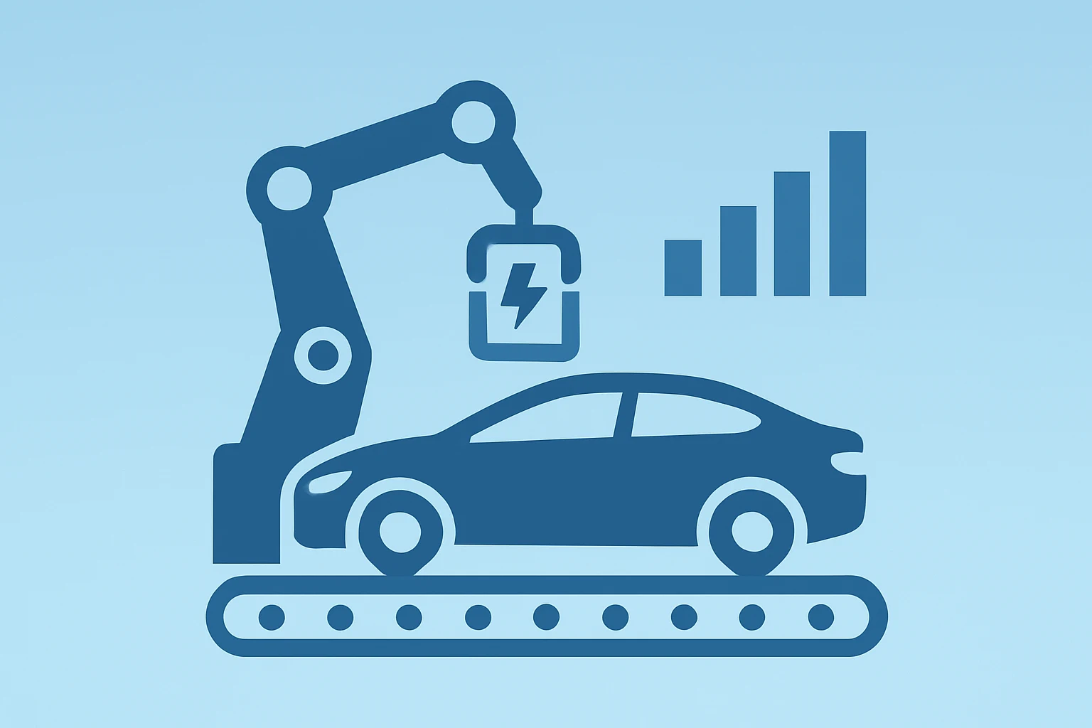 Flat vector of a car assembly line and shrinking battery pack to symbolize GM $7.1 billion charge tied to EV realignment.