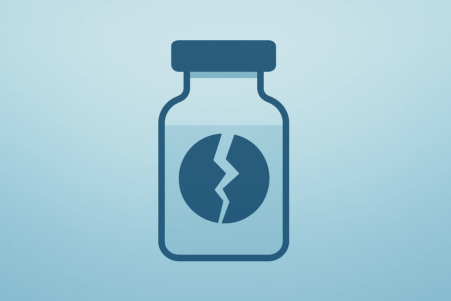 Flat vector of a biotech vial with a fractured shell symbolizing Rezolute trial failure and legal probes.
