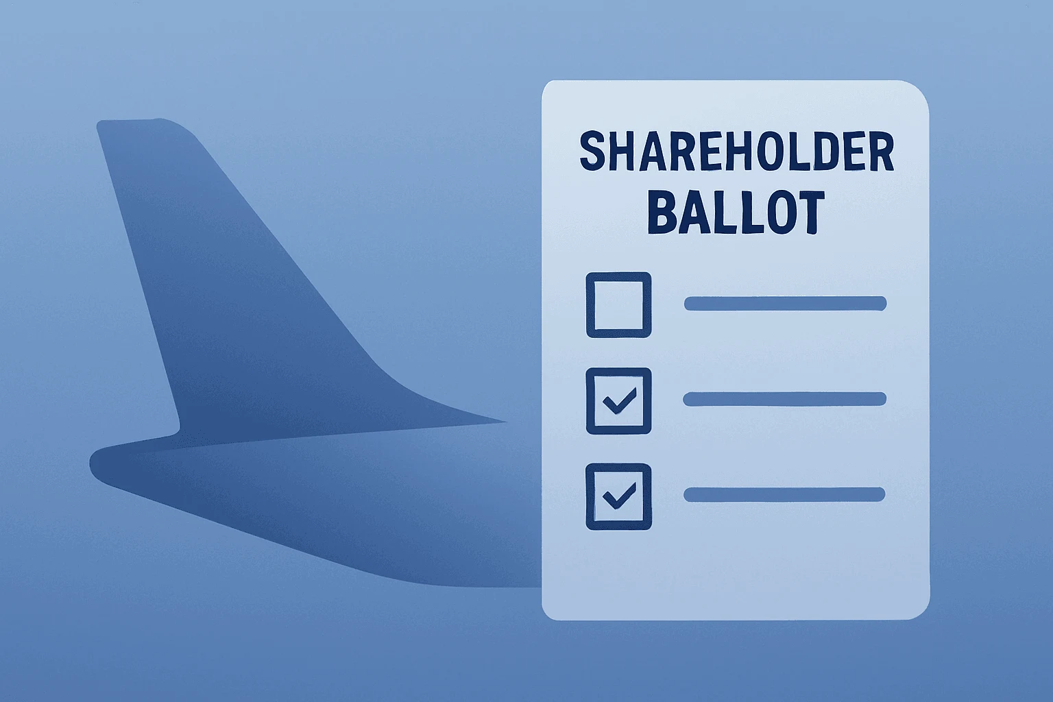 Flat filled vector of a commercial jet tail beside a simplified shareholder ballot, evoking the easyJet takeover bid.