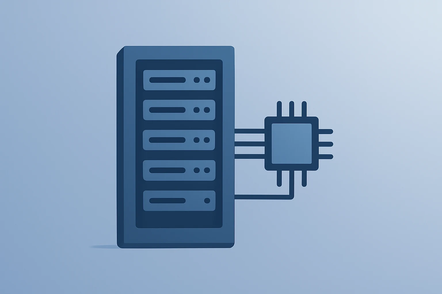 Flat filled vector of a server chip with a fractured supply shell symbolizing Intel Q1 guidance constraints.