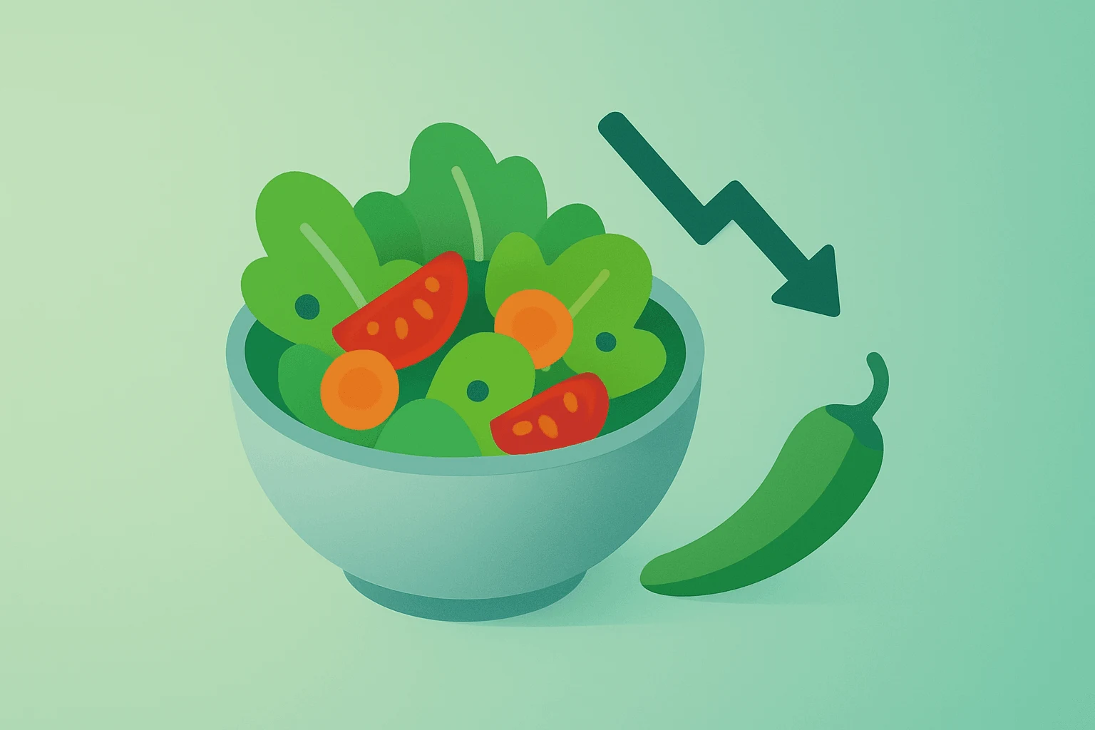Flat vector salad bowl with muted jalapeno accent on a smooth gradient, evoking Sweetgreen cuts outlook after cyclospora.