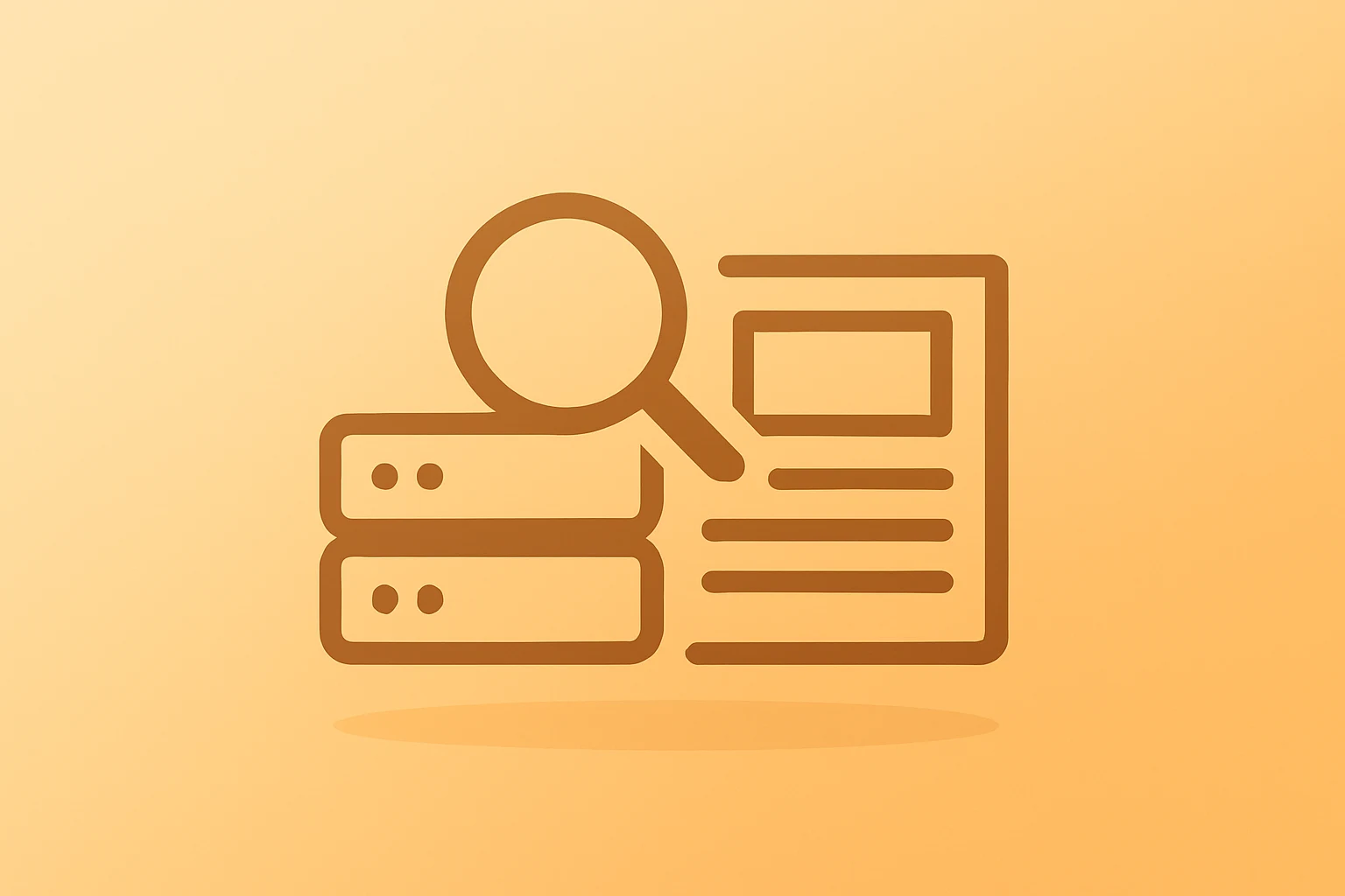 Flat-vector icon of a search server merging with a dimmed news feed to symbolize EU antitrust probe Google and DMA risk.