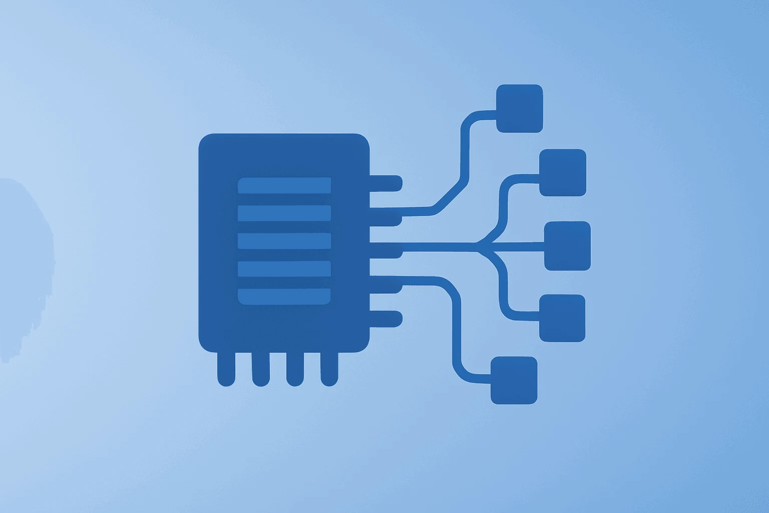 Flat filled vector of a semiconductor chip morphing into a multi-fab cluster to reflect Micron stock's U.S. expansion thesis.