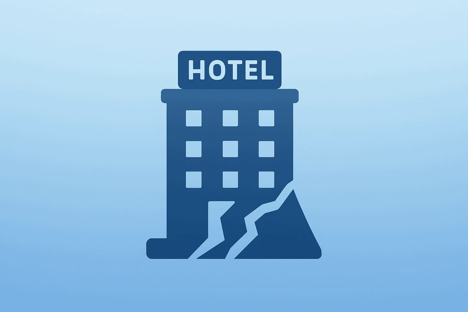Flat filled vector hotel silhouette with fractured shell symbolizing Middle East RevPAR decline in Marriott Q2 2026 earnings.