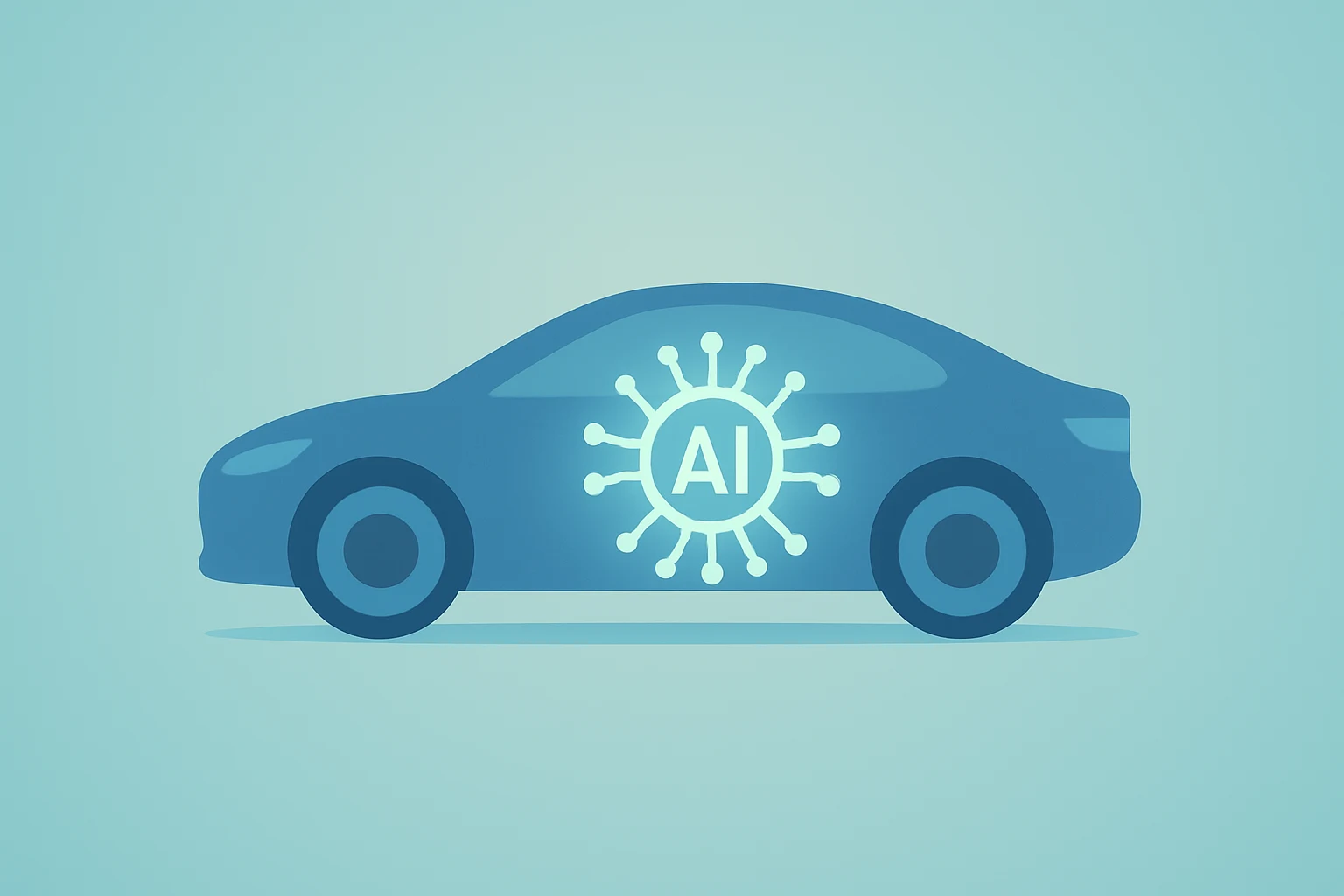 Centered flat vector of an electric car with a glowing AI core symbolizing Ron Baron Tesla long-term conviction.