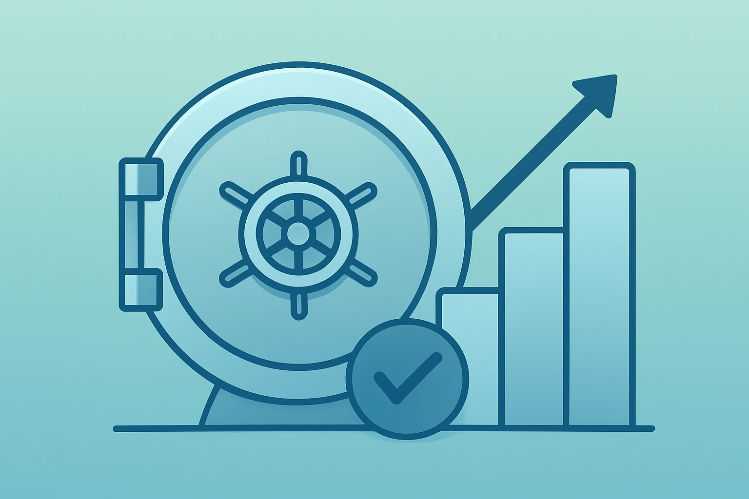 Flat vector of a bank vault merging with rising chip to evoke UBS Q4 2025 results, buyback and regulatory uncertainty.