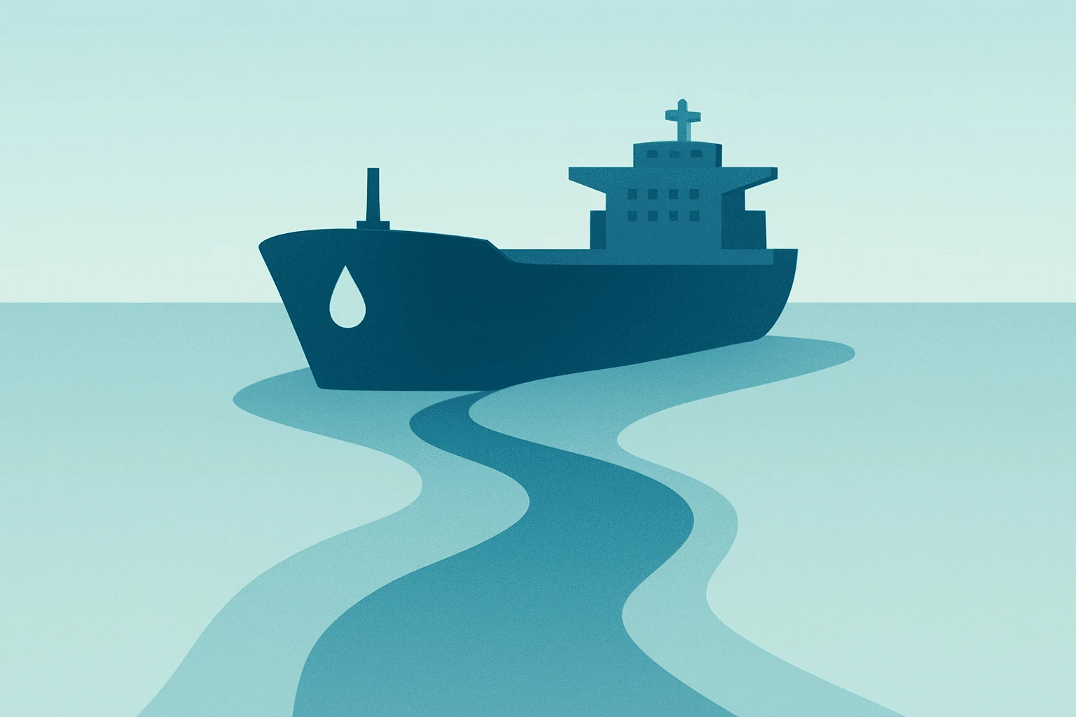 Stylized flat vector oil tanker merged with a constricted strait channel, symbolizing Brent crude risk from Hormuz blockade.