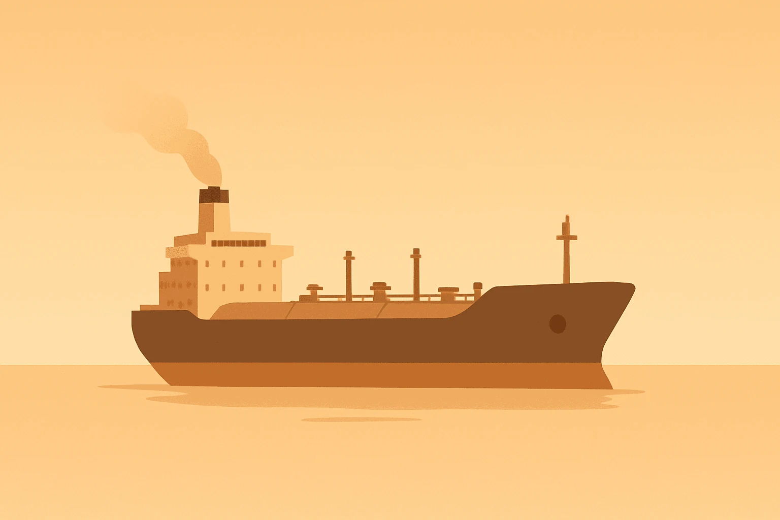 Flat vector of an oil tanker hull cooling under a muted sky to symbolize Oil Prices Drop.