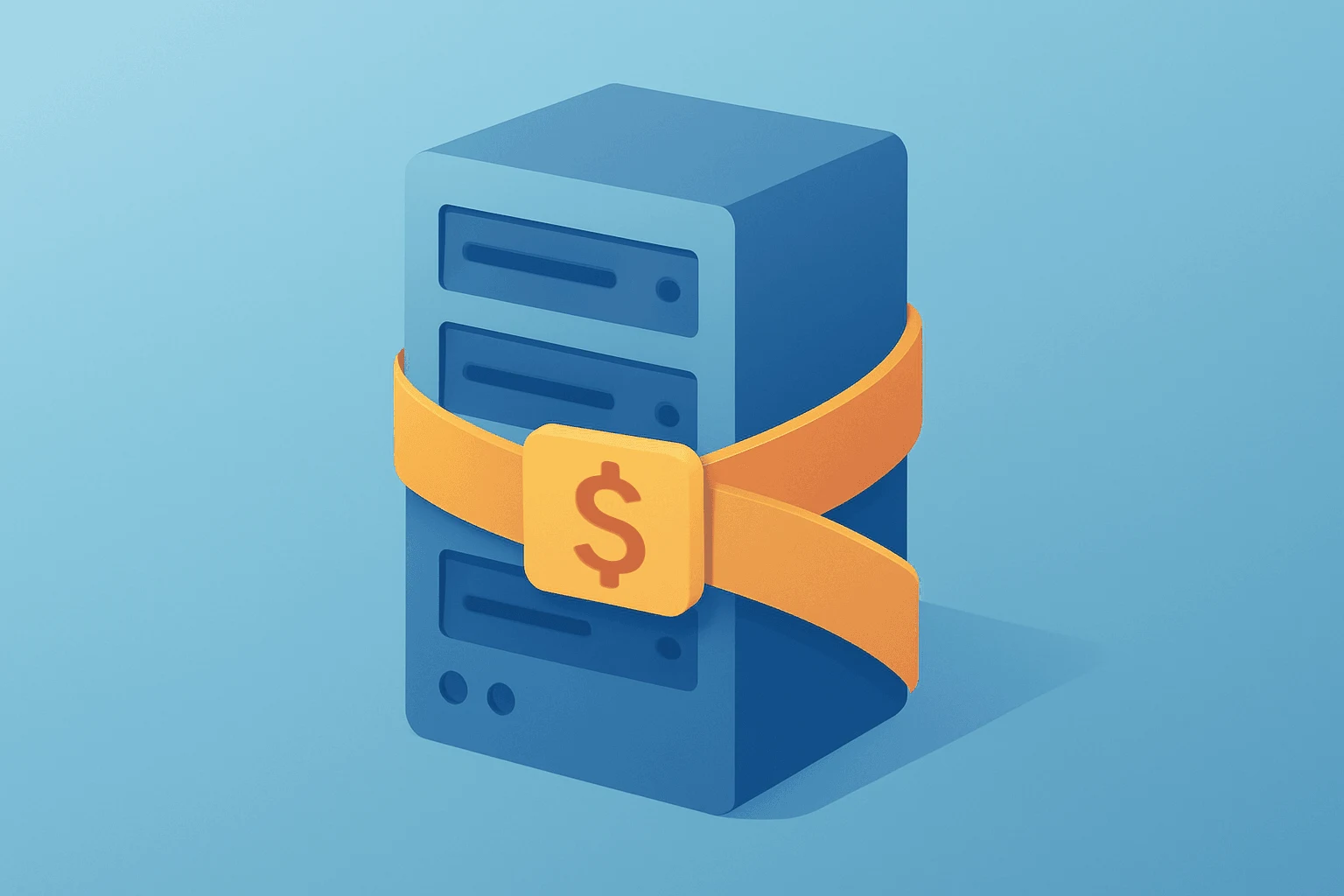 Flat vector of a data server trimmed by a tightening cost band to symbolize Coinbase layoffs and AI-driven restructuring