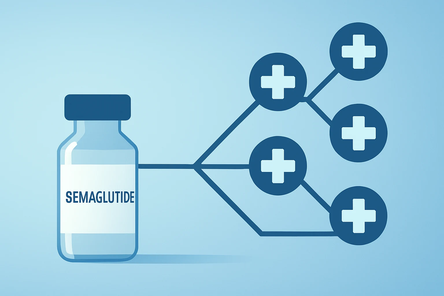 Flat vector of a semaglutide vial merging with a pharmacy network, symbolizing Wegovy HD FDA approval.