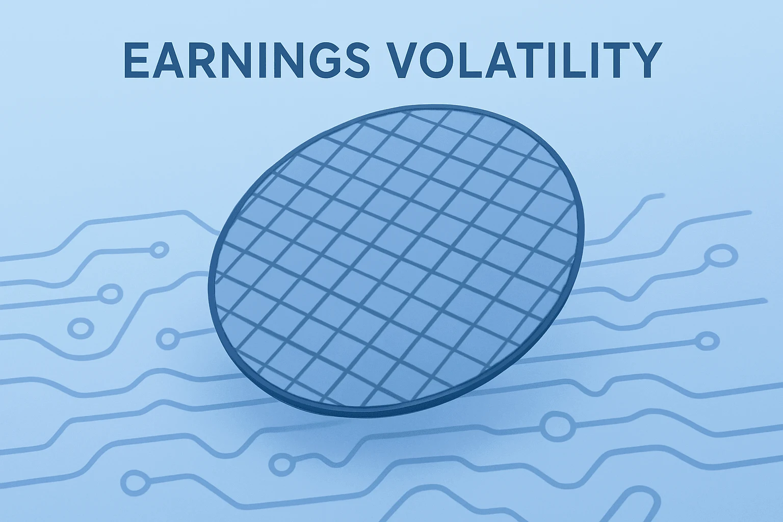 Flat vector server chip under a subtle trembling field representing Intel earnings volatility and options-implied swing risk.