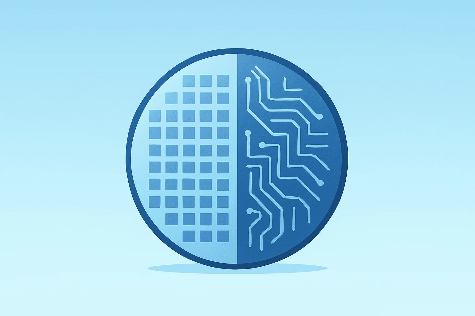 Flat vector of an advanced chip wafer with contrasting finishes symbolizing Intel vs TSMC supply competition.