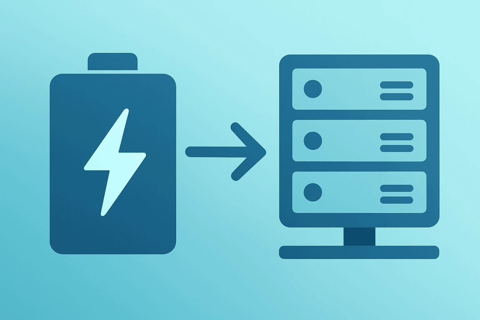 Flat-vector server and battery symbol representing GM energy storage pivot to AI data-center and grid batteries