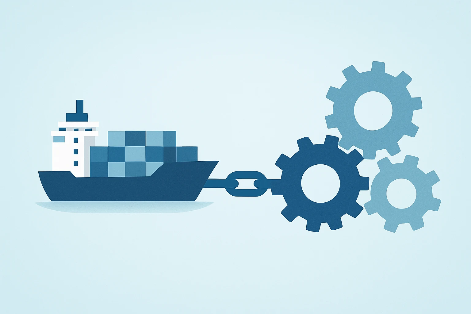 Flat vector of a container ship merging with industrial gears to symbolize EU-India Trade Deal tariff cuts and export growth.
