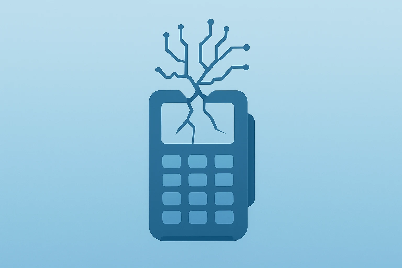 Flat centered vector of a server rack with a fractured panel symbolizing Block layoffs, AI shift and severance costs.