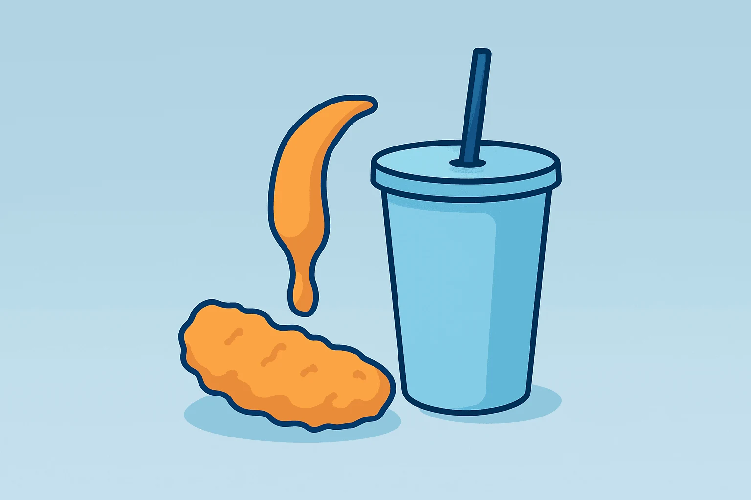 Flat vector cover showing a chicken tender with an expanding sauce cascade and a drink cup showcasing the KFC brand refresh.