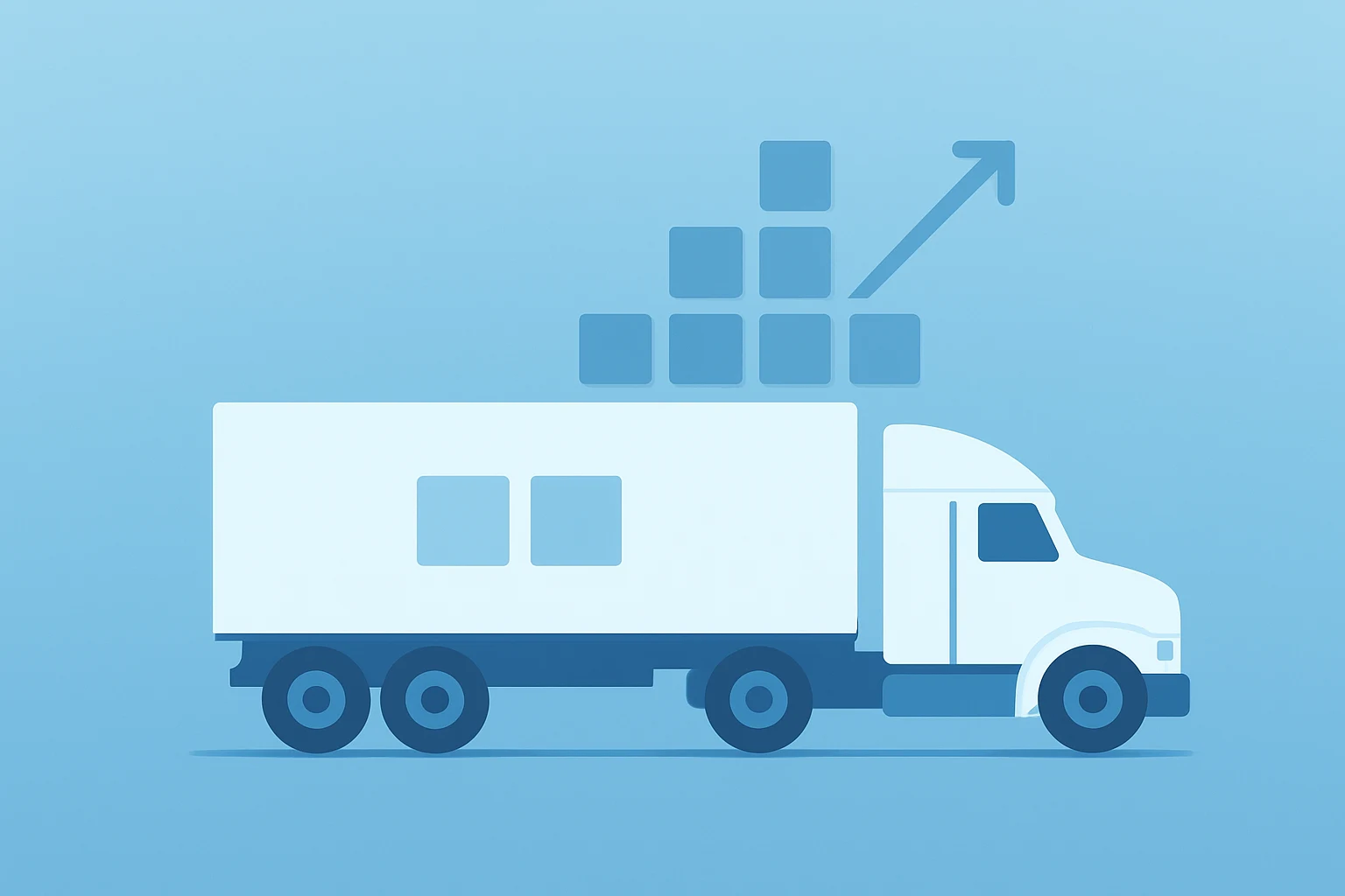 Flat vector of an expanding truck chassis on a light gradient to symbolize Trucking stocks selloff after an AI claim.