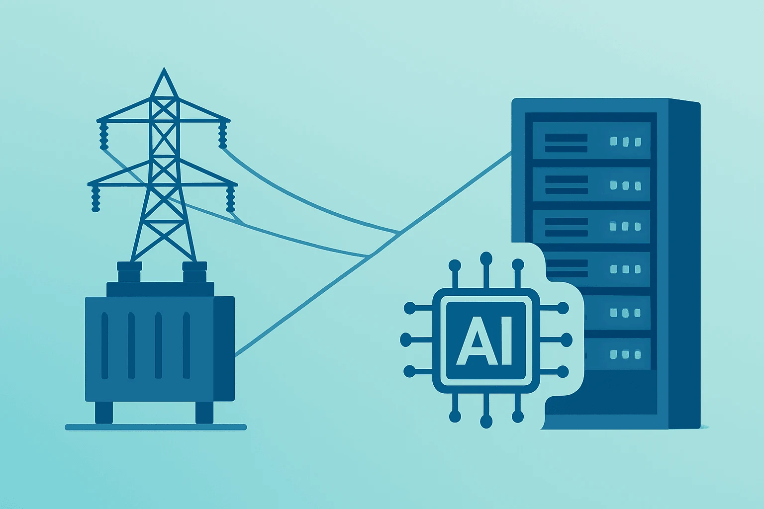Flat vector of a transformer merging with a server rack to symbolize NextEra Dominion merger and AI power demand.