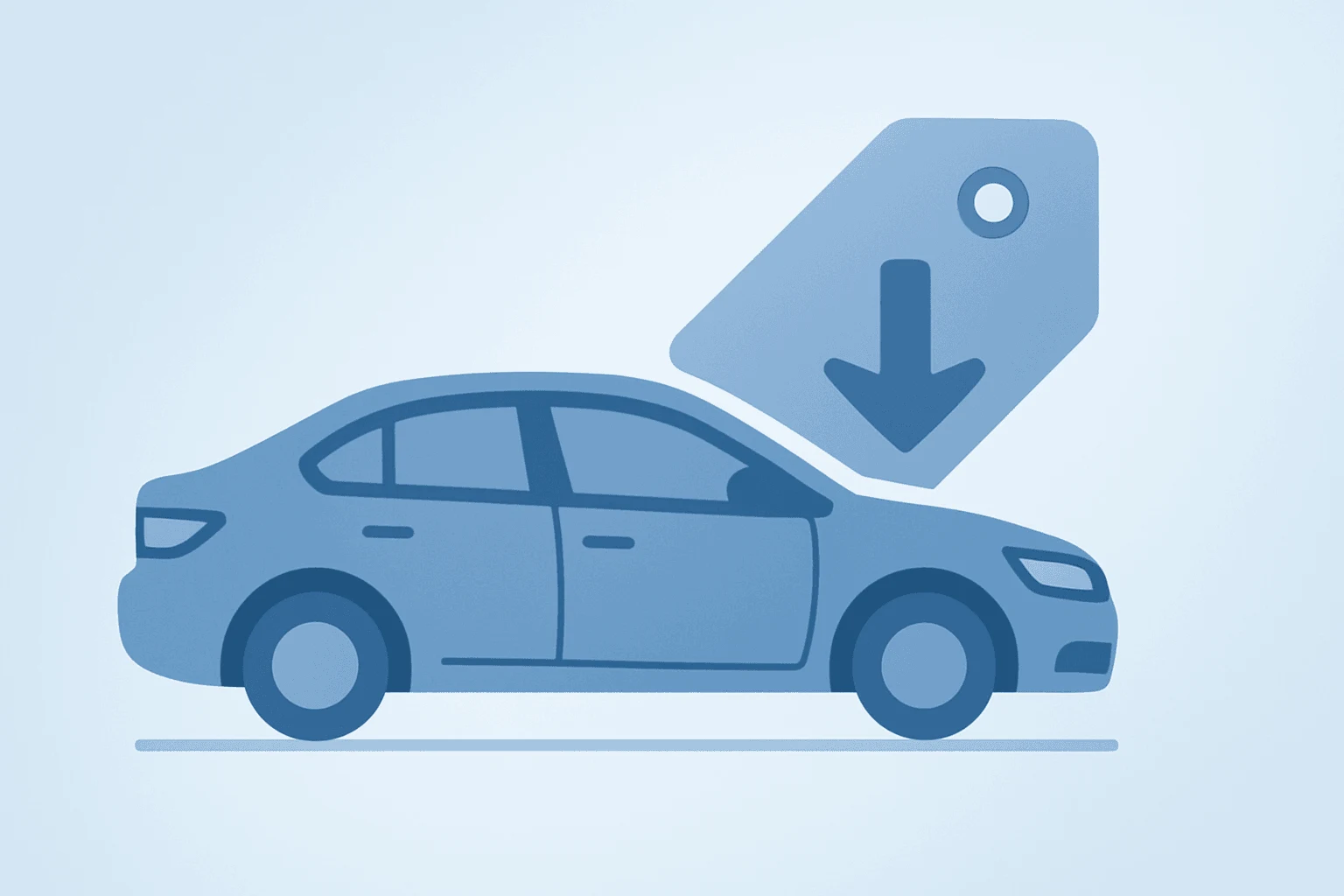 Flat vector of a single sedan silhouette in dimming market light conveying CarMax Q1 earnings margin squeeze and strategic shift.