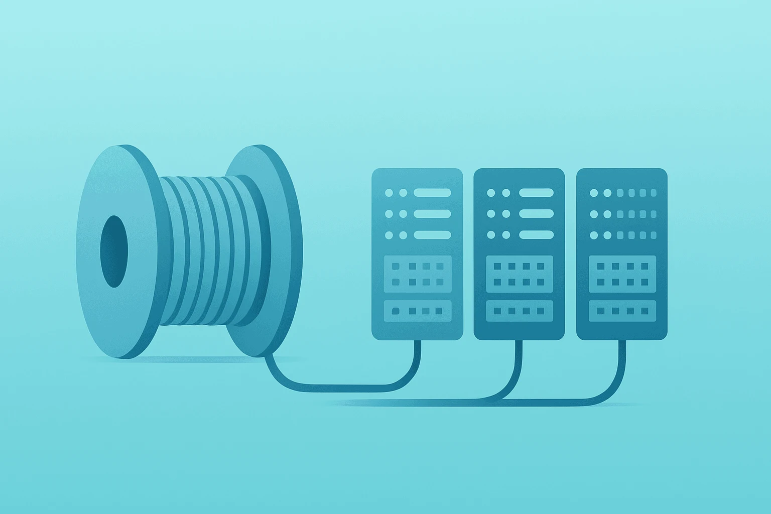Flat-vector fiber spool linking data-center modules to symbolize Verizon Q3 2026 earnings and AWS fiber pact.
