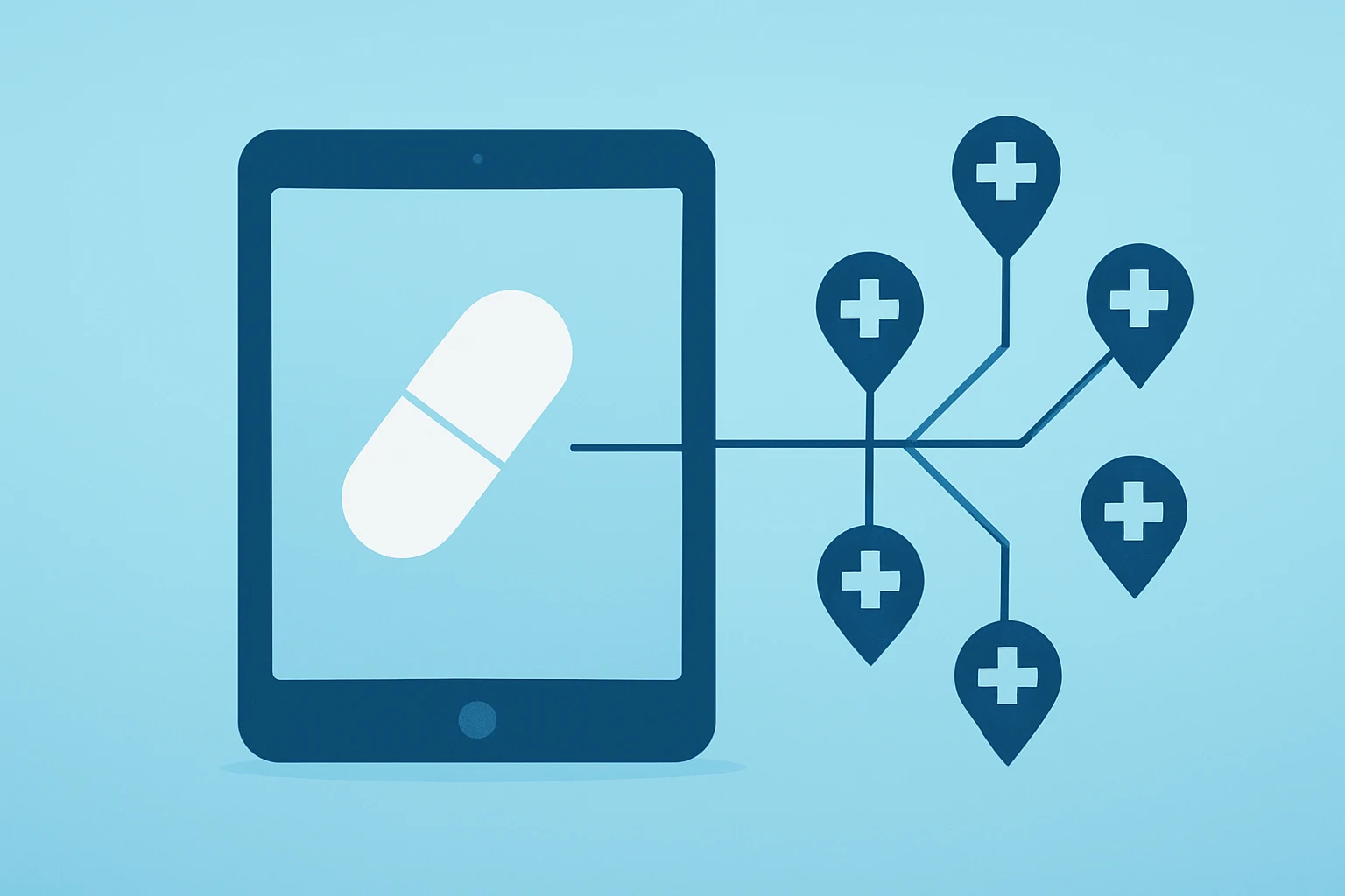 Flat vector of a tablet linked to an expanding pharmacy network to symbolize Novo Nordisk Wegovy pill expansion.
