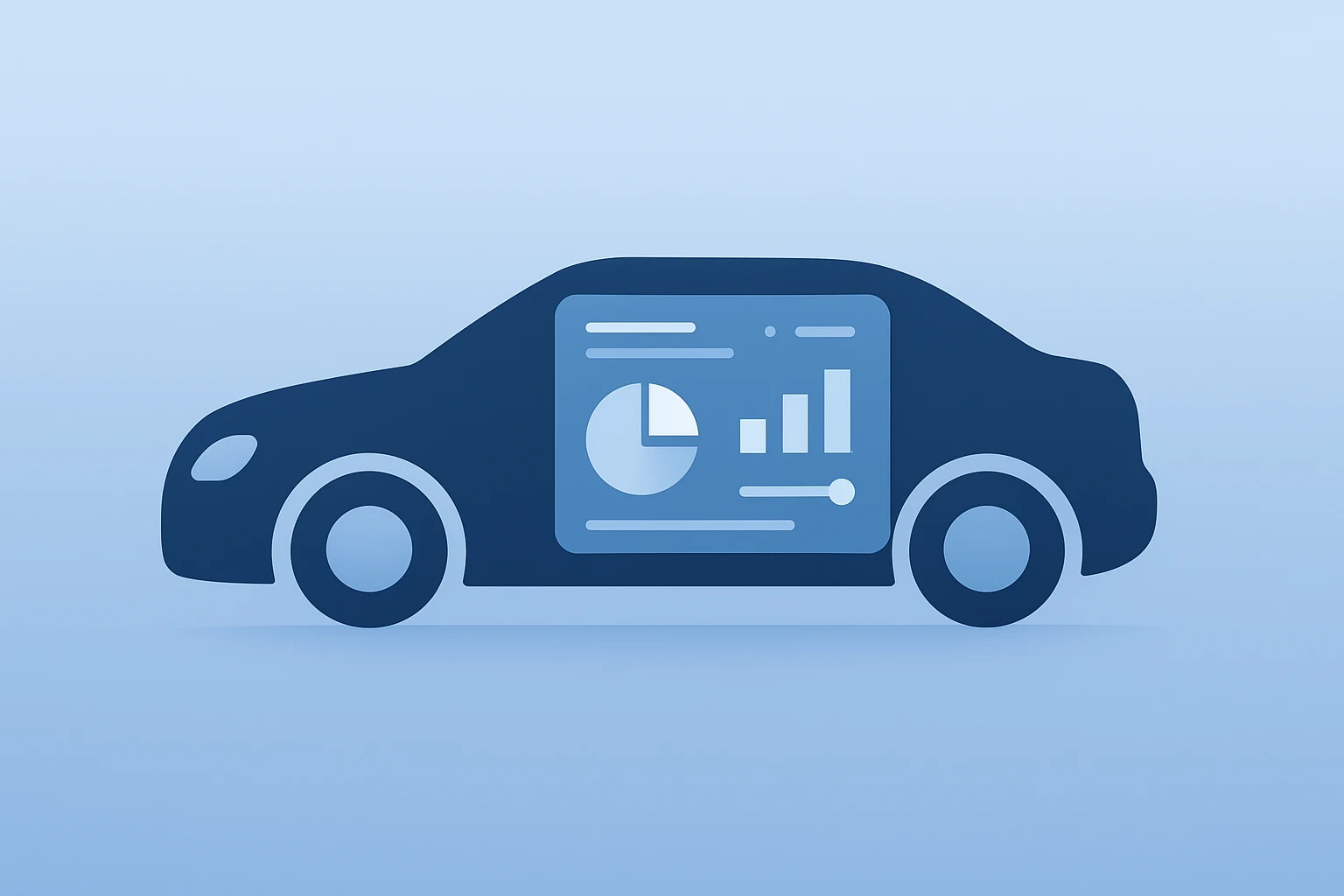 Flat vector car silhouette merging with a server stack to symbolize CarMax Starboard Push digital overhaul and SG&A targets.