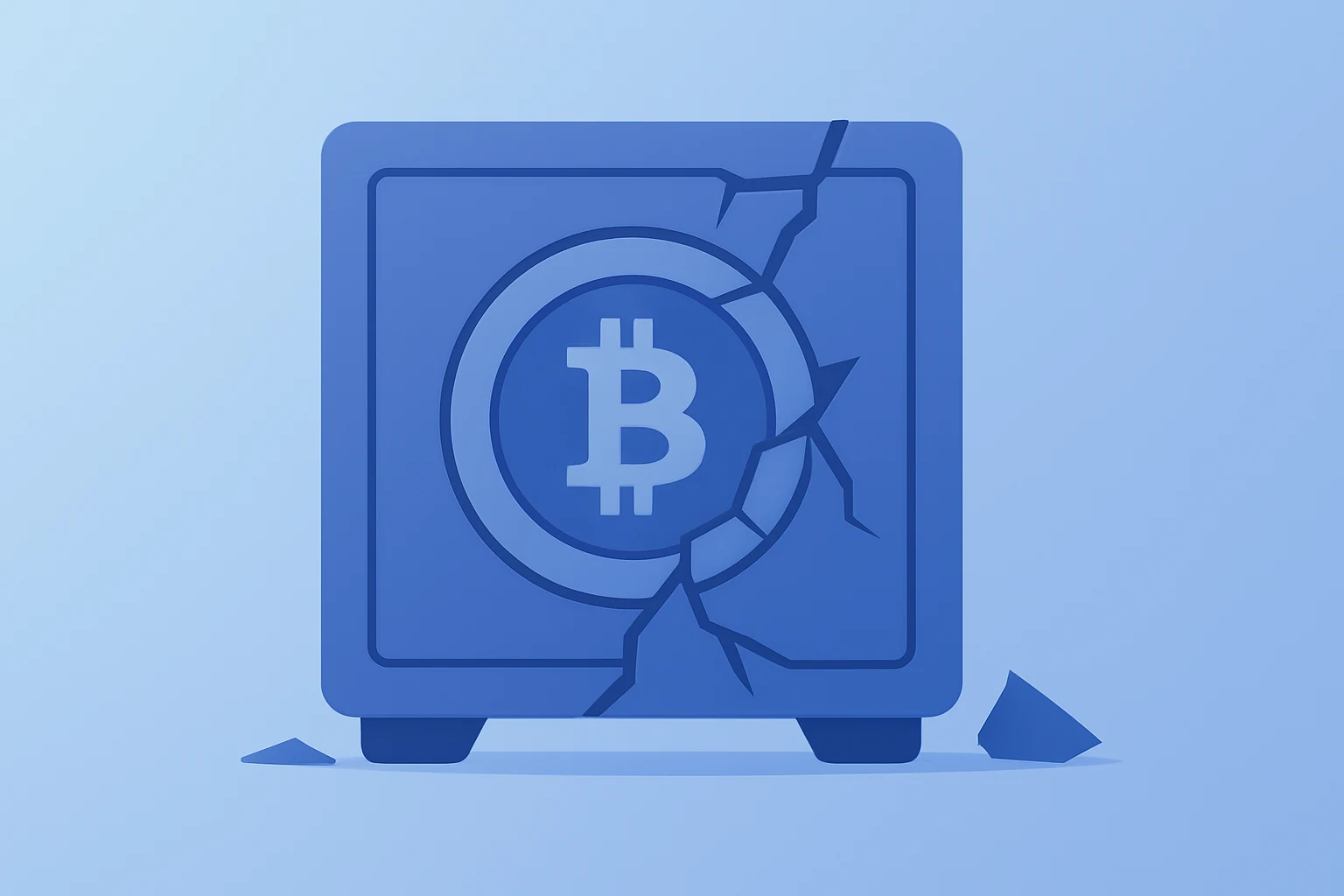 Flat-vector minimalist crypto vault fused with a fractured shell to symbolize the Bitcoin bear market and fund outflows.