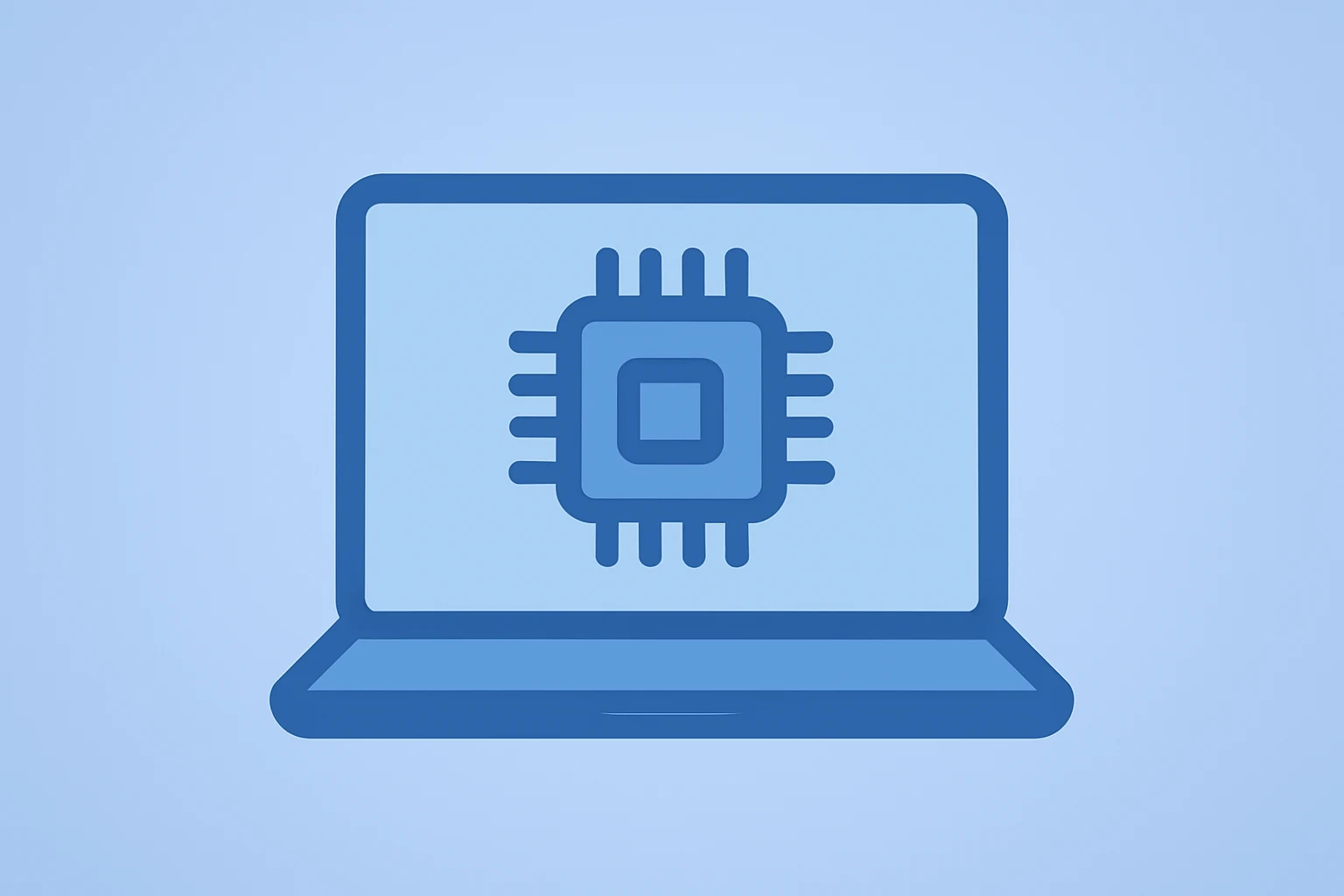 Flat vector of a silicon chip fusing into a laptop to represent Apple M5 MacBook AI gains and memory-driven price pressure