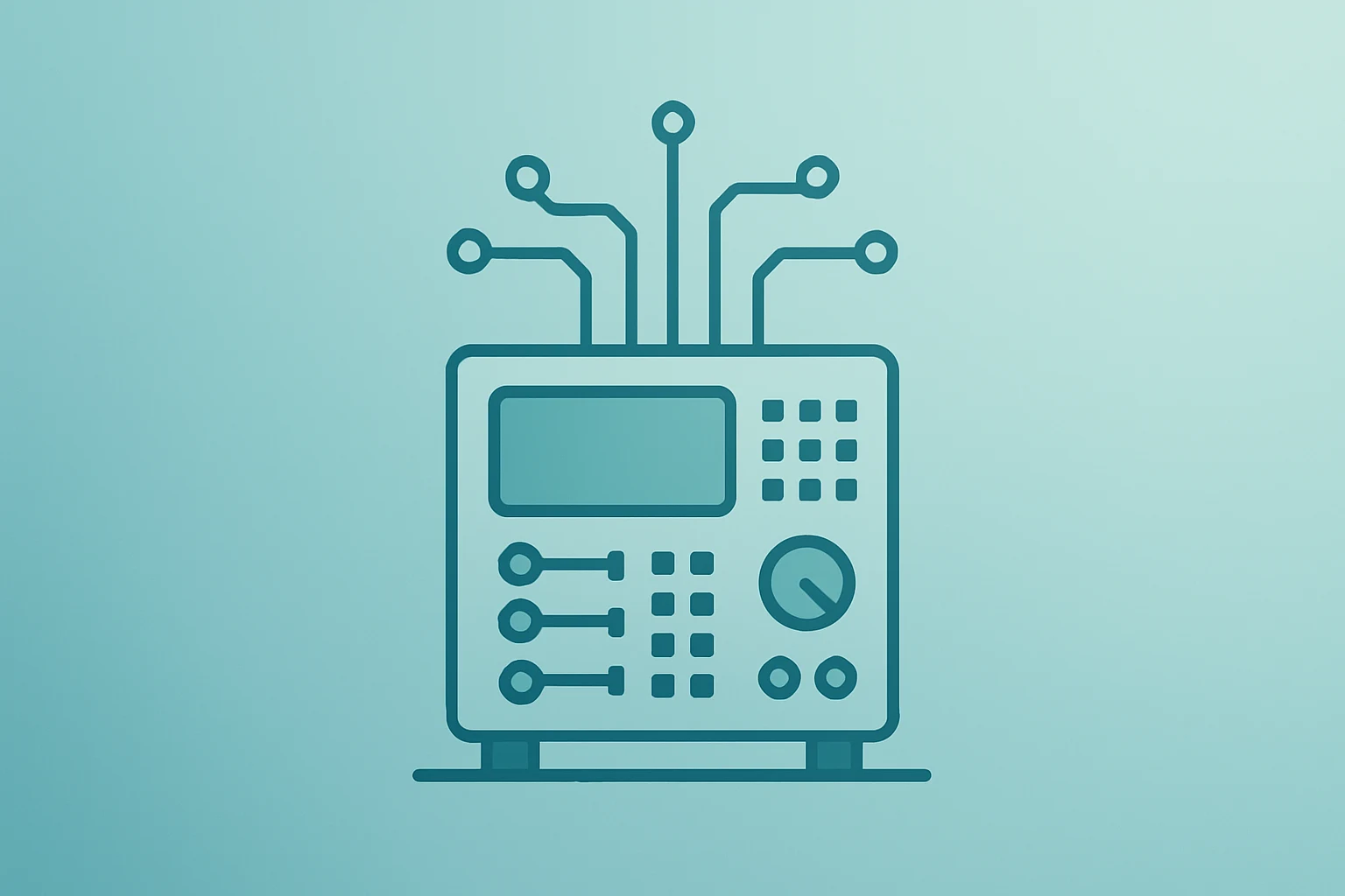 Flat filled vector of a test-instrument rack with an expanding circuit motif representing Keysight Q1 earnings and AI orders