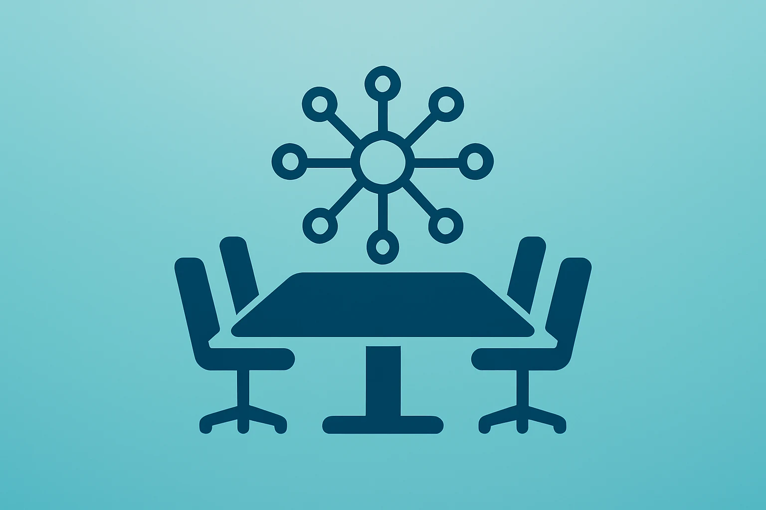 Flat filled vector of a conference table fused with a neural hub symbolizing Atlassian layoffs and an AI pivot.